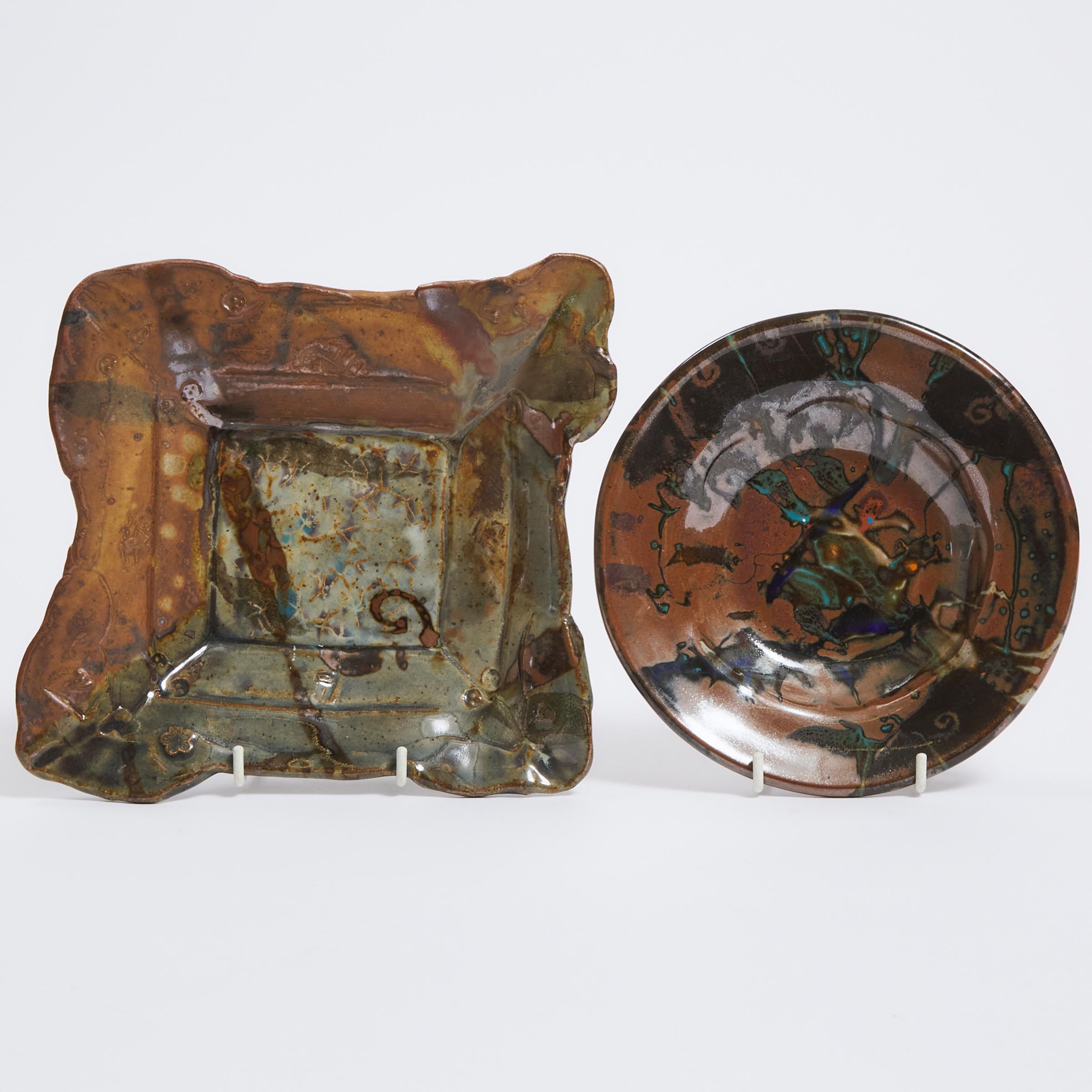 John Glick (American, 1938-2017), Two Stoneware Dishes, Plum Tree Pottery, late 20th/early 21st century