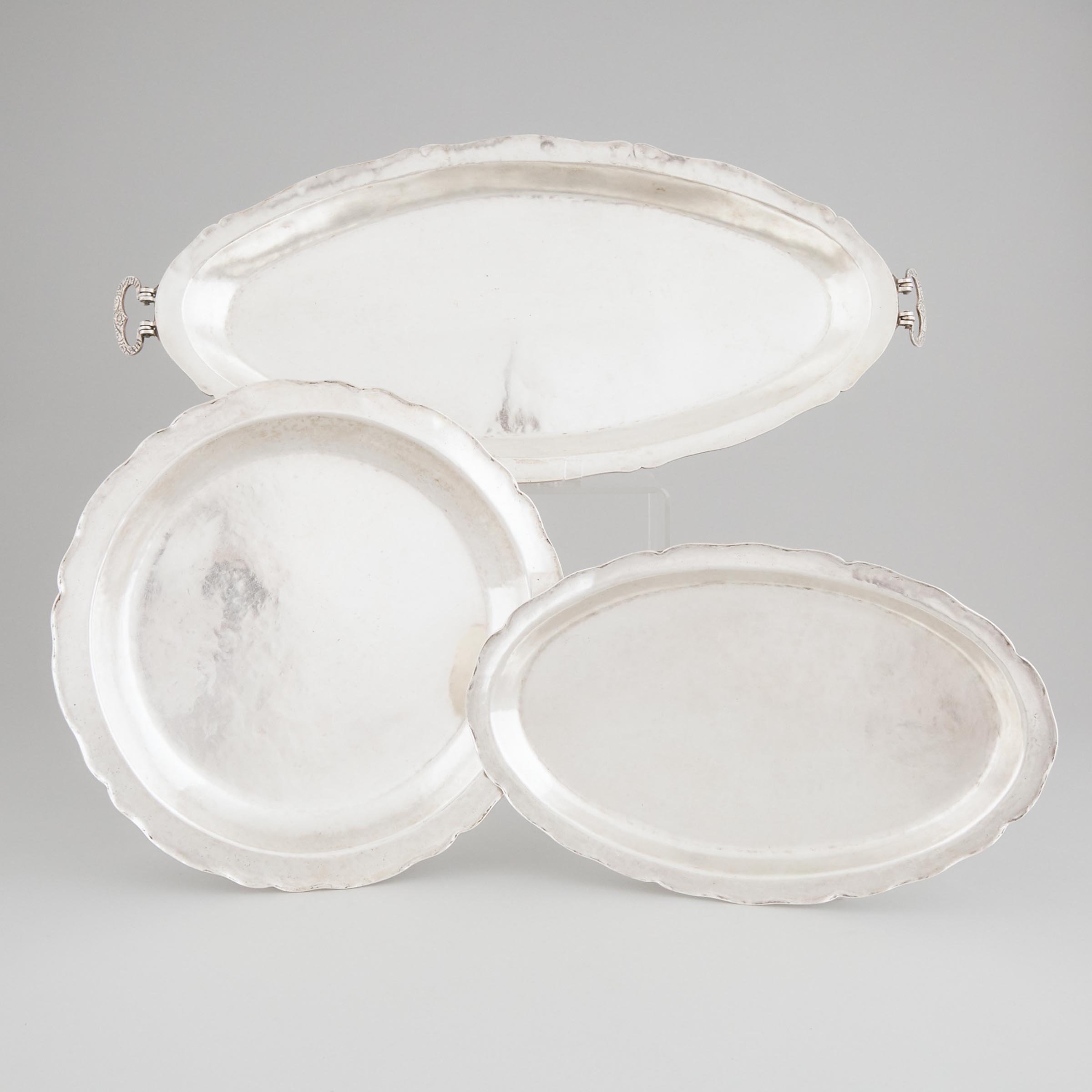 Peruvian Silver Two-Handled Fish Platter, Circular Dish and an Oval Dish, late 19th/20th century