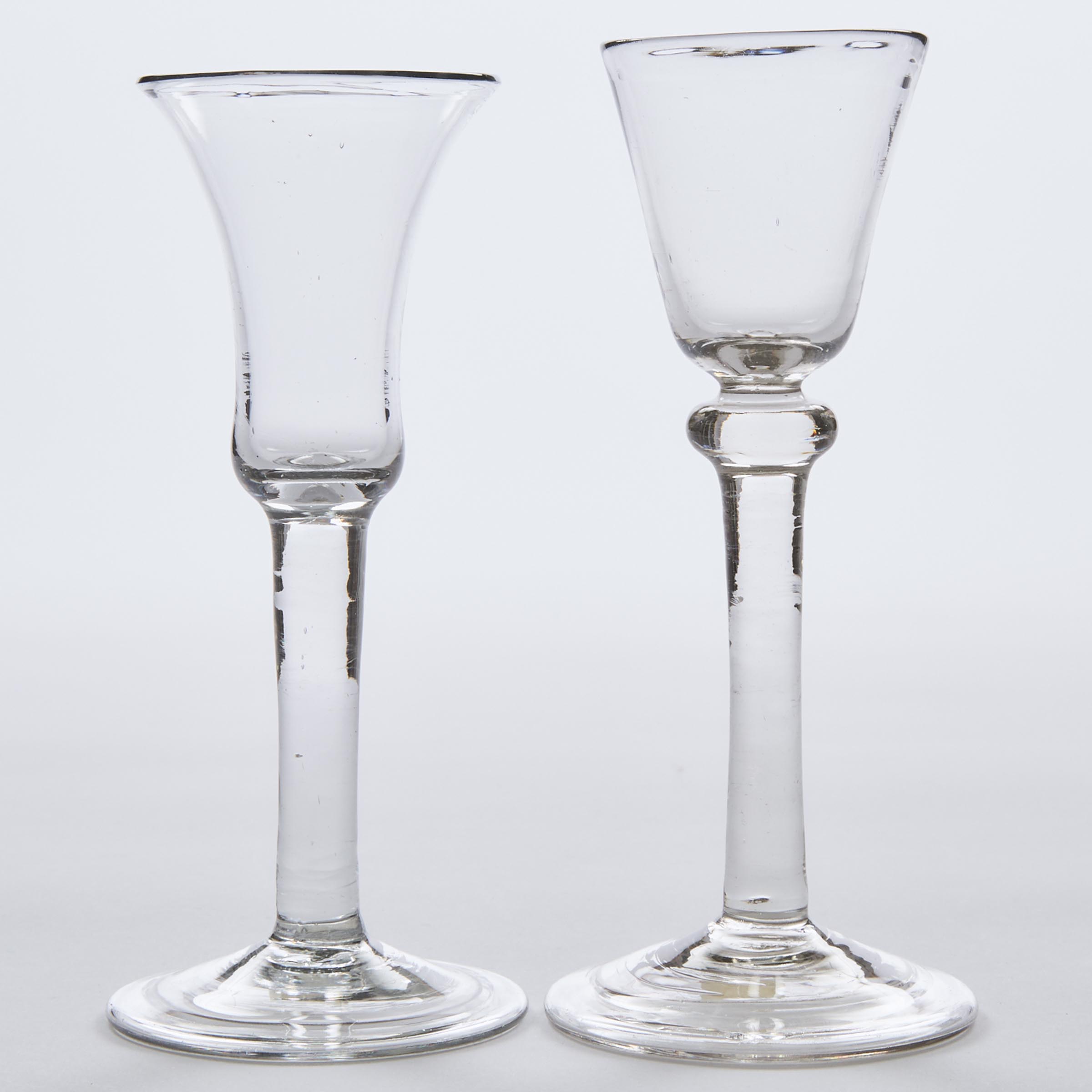 Two English Balustroid or Plain Stemmed Wine Glasses, mid-18th century