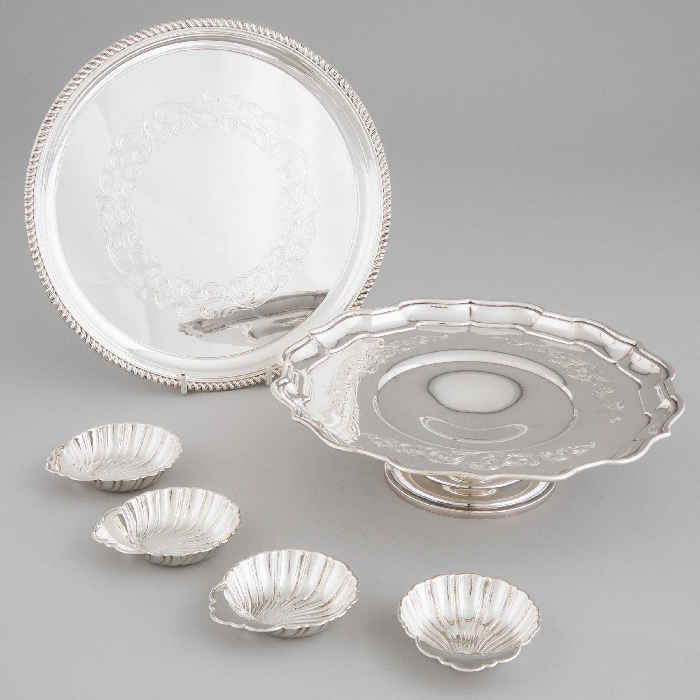 Canadian Silver Circular Waiter, Footed Comport and Four Shell Shaped Nut Dishes,  Henry Birks & Sons, Montreal, Que., 1965-69