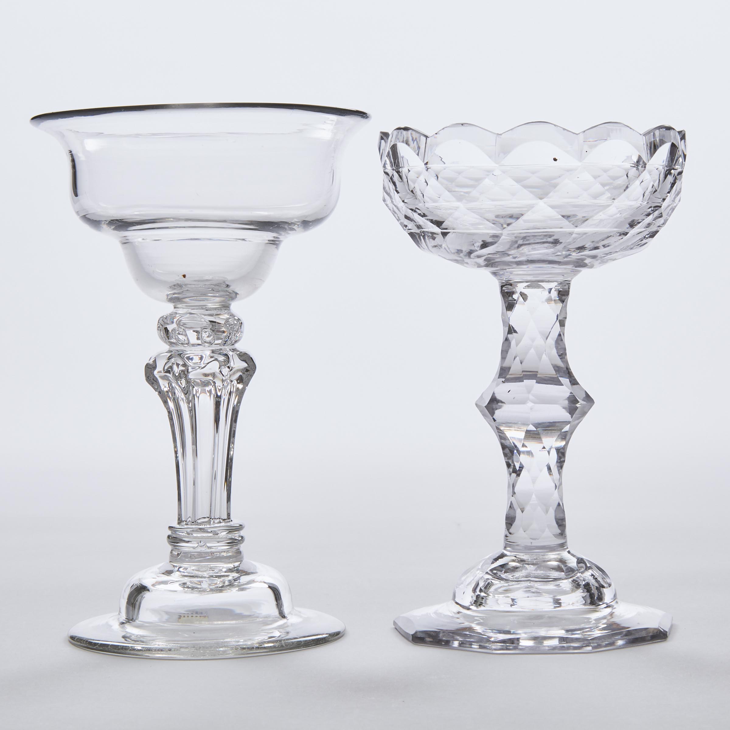 Two English Faceted or Moulded Pedestal Stemmed Sweetmeat Glasses, 18th century