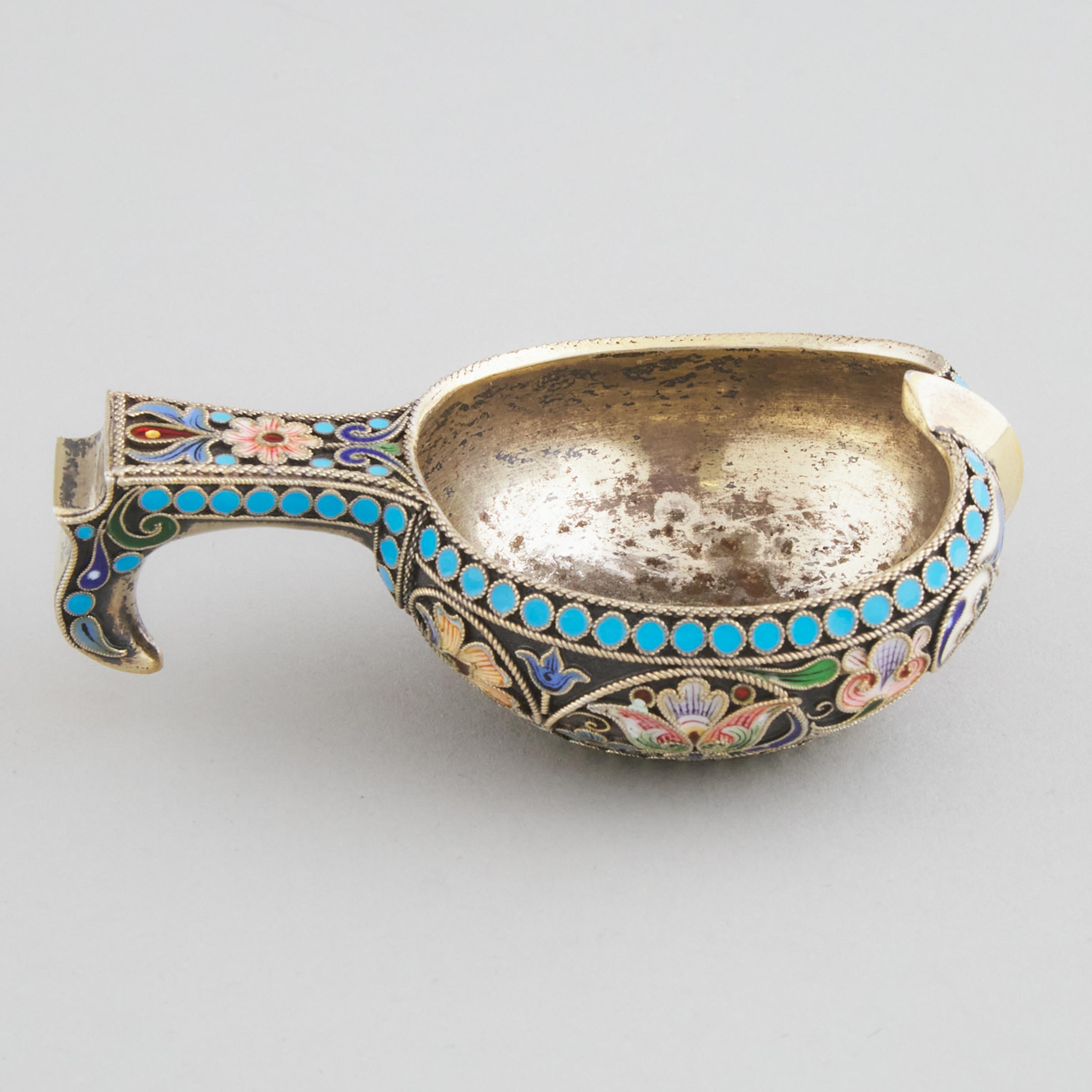 Russian Silver-Gilt and Painted Cloisonné Enamel Small Kovsh, Pavel Ovchinnikov, Moscow, 1880s