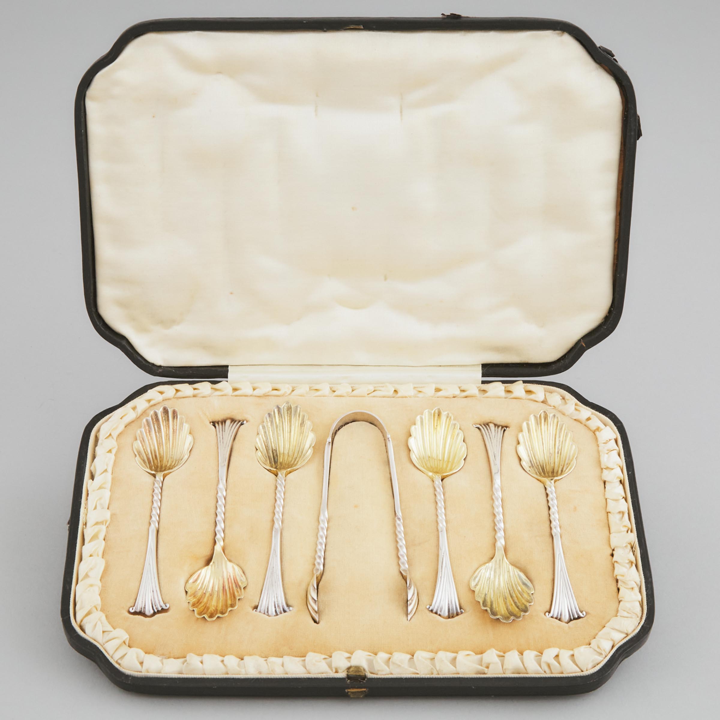 Six Victorian Silver Onslow Pattern Tea Spoons and Sugar Tongs, Charles Boyton II, London, 1888