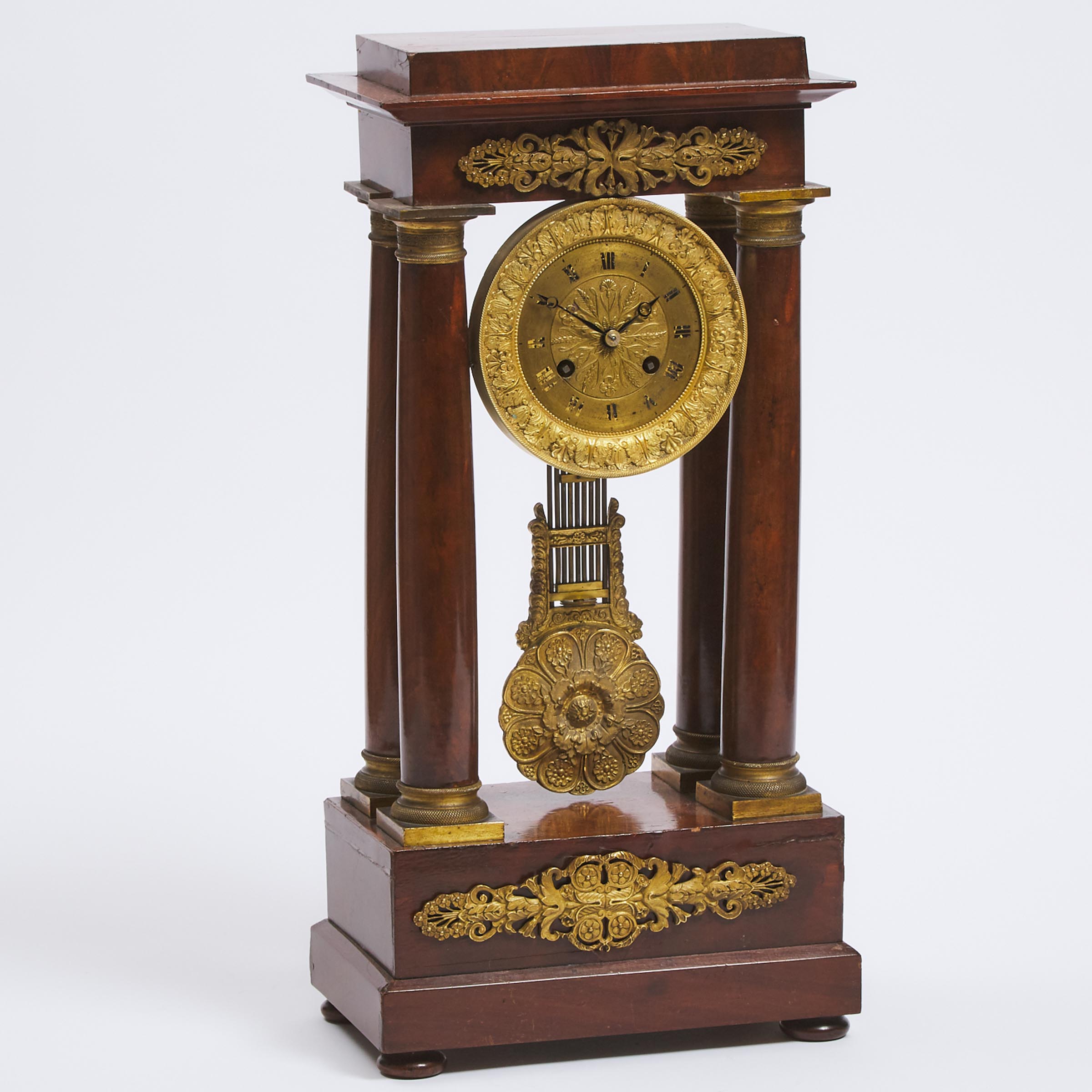 French Ormolu Mounted Mahogany 'Portico' Mantle Clock, c.1860