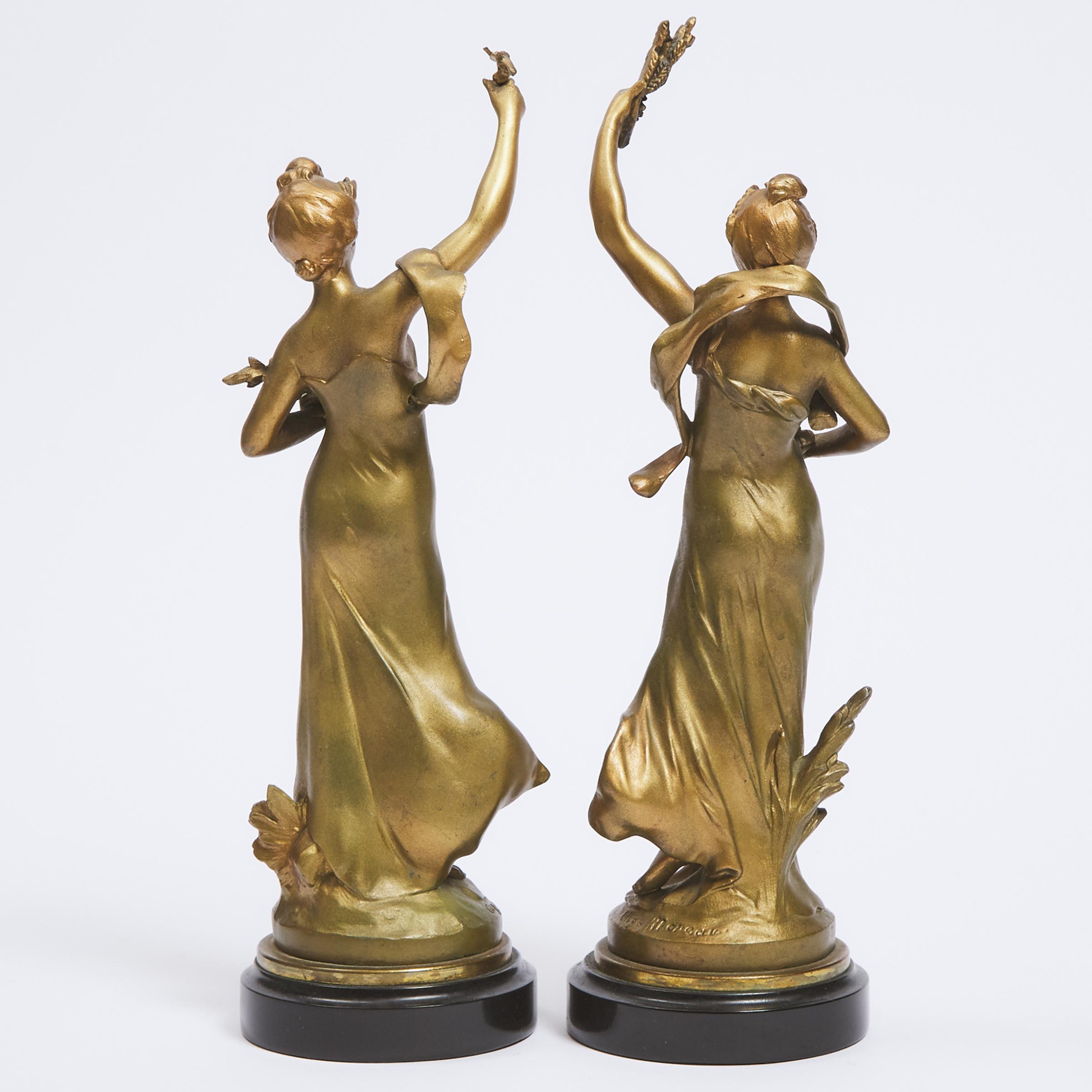 Pair of French Gilt Bronze Figures Titled 'Pax' and 'La Terre', after Moreau, mid 19th century