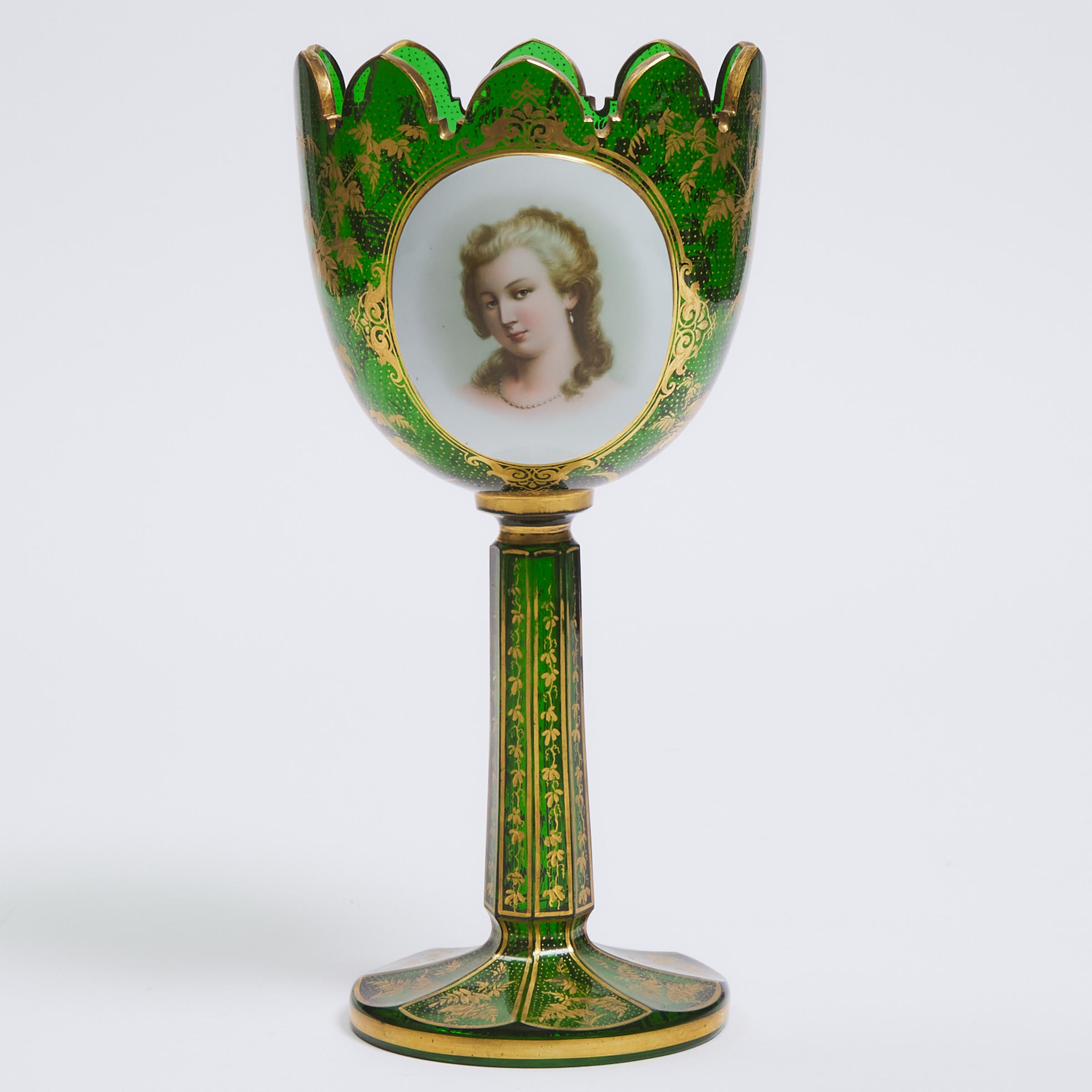 Bohemian Green and Gilt Glass Enameled Portrait Vase, late 19th century