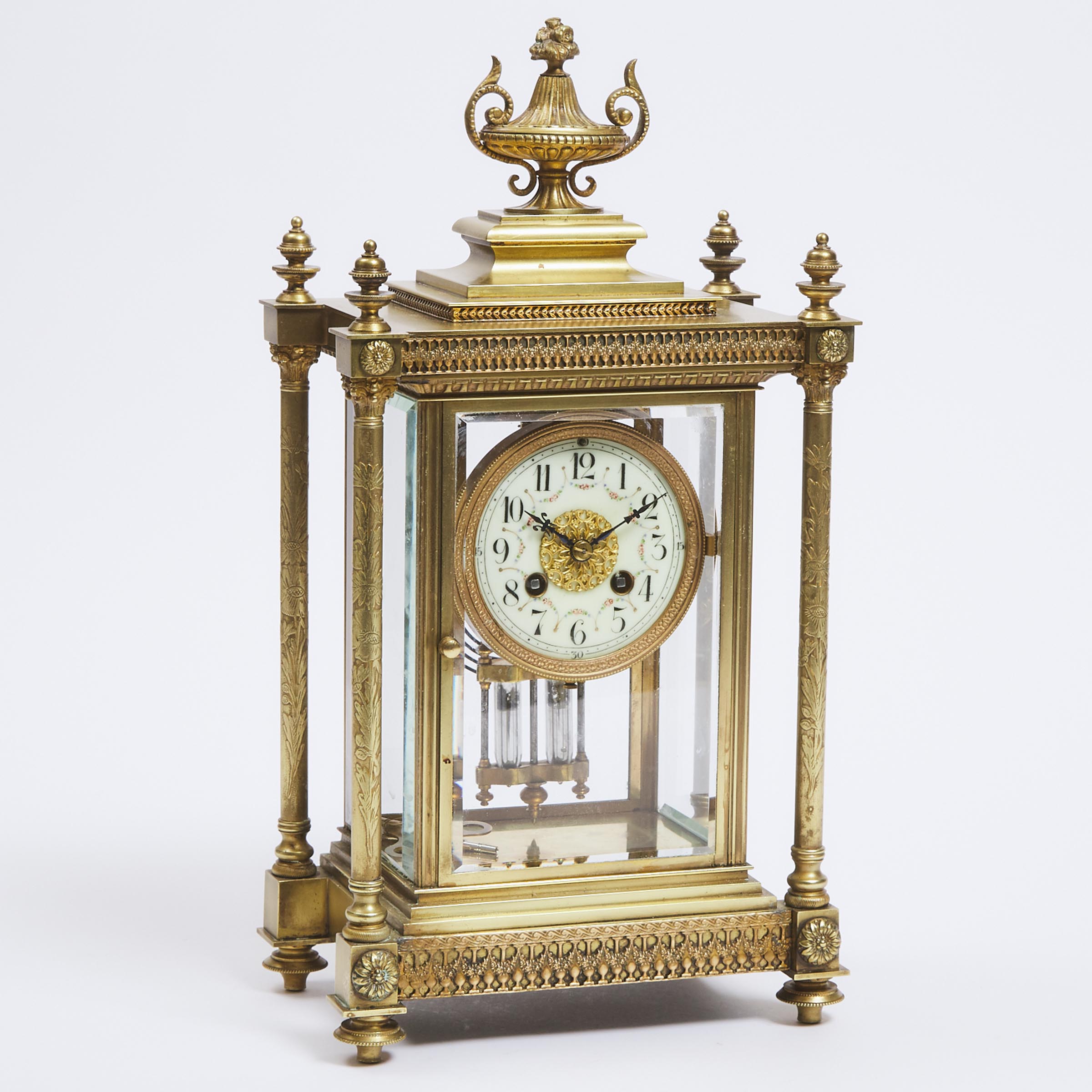 French Gilt Bronze Four Glass Panel Mantle Clock, early 20th century