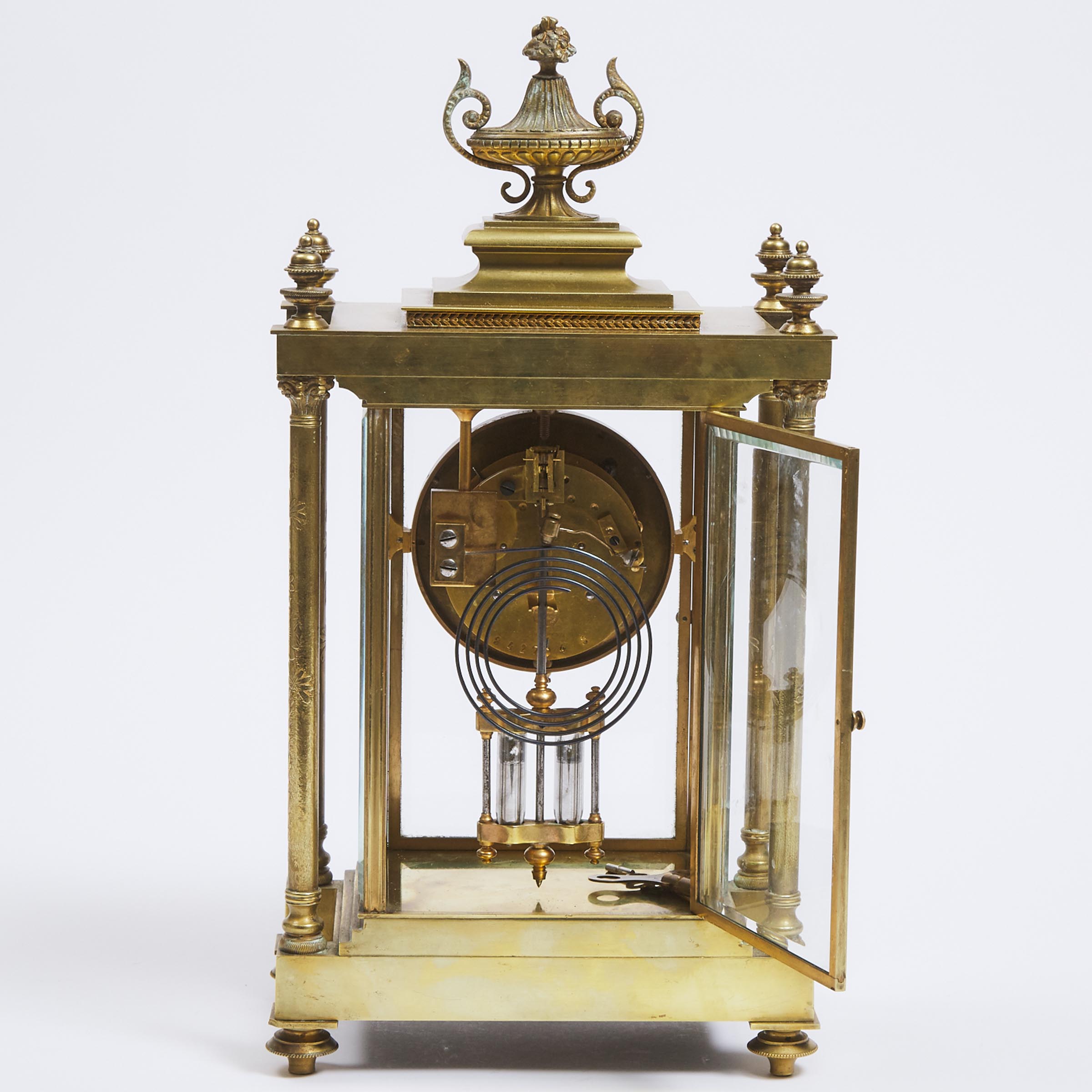 French Gilt Bronze Four Glass Panel Mantle Clock, early 20th century