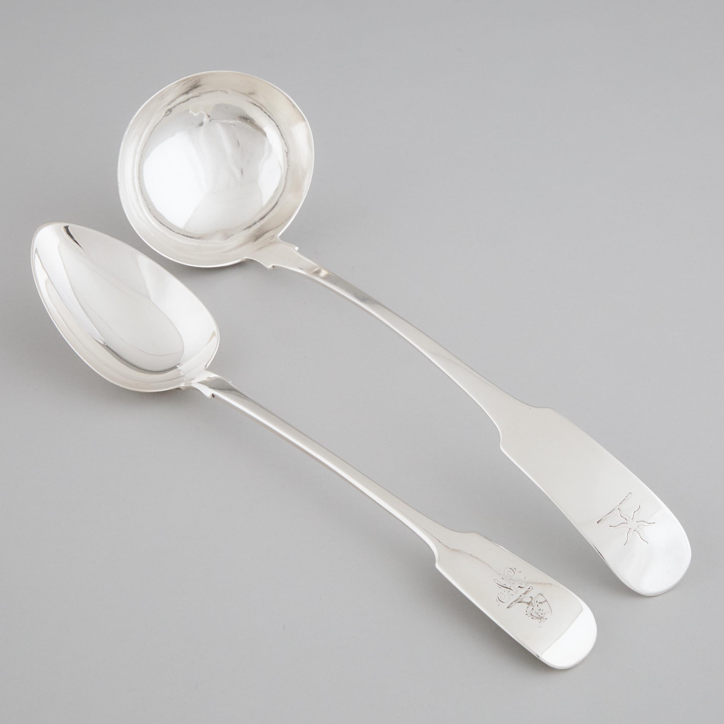 George III Irish Silver Fiddle Pattern Soup Ladle and Serving Spoon, Thomas Townsend and Philip Weekes, Dublin, 1809/11