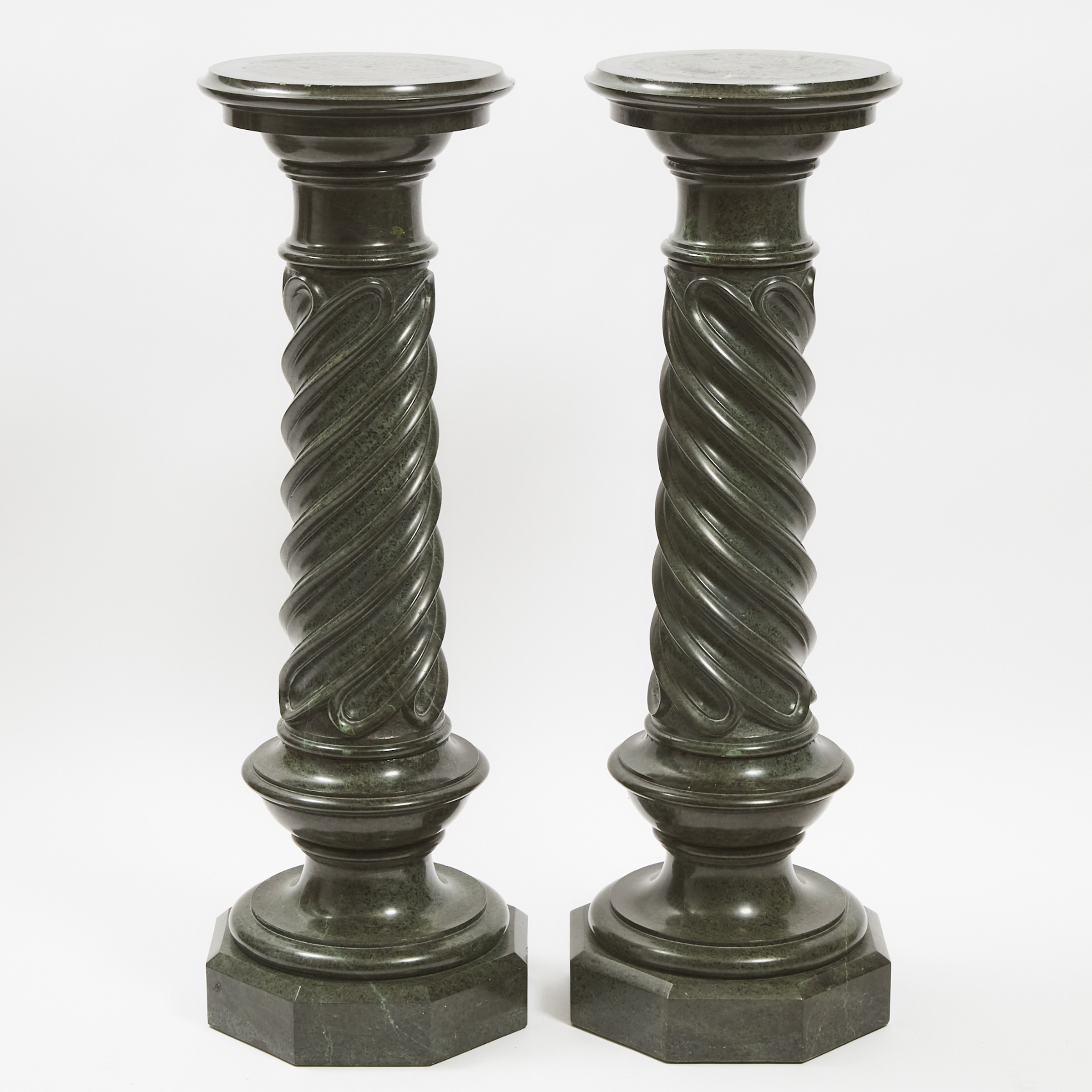 Large and Impressive Pair of Verde Antico Column Form Pedestals, early 20th century