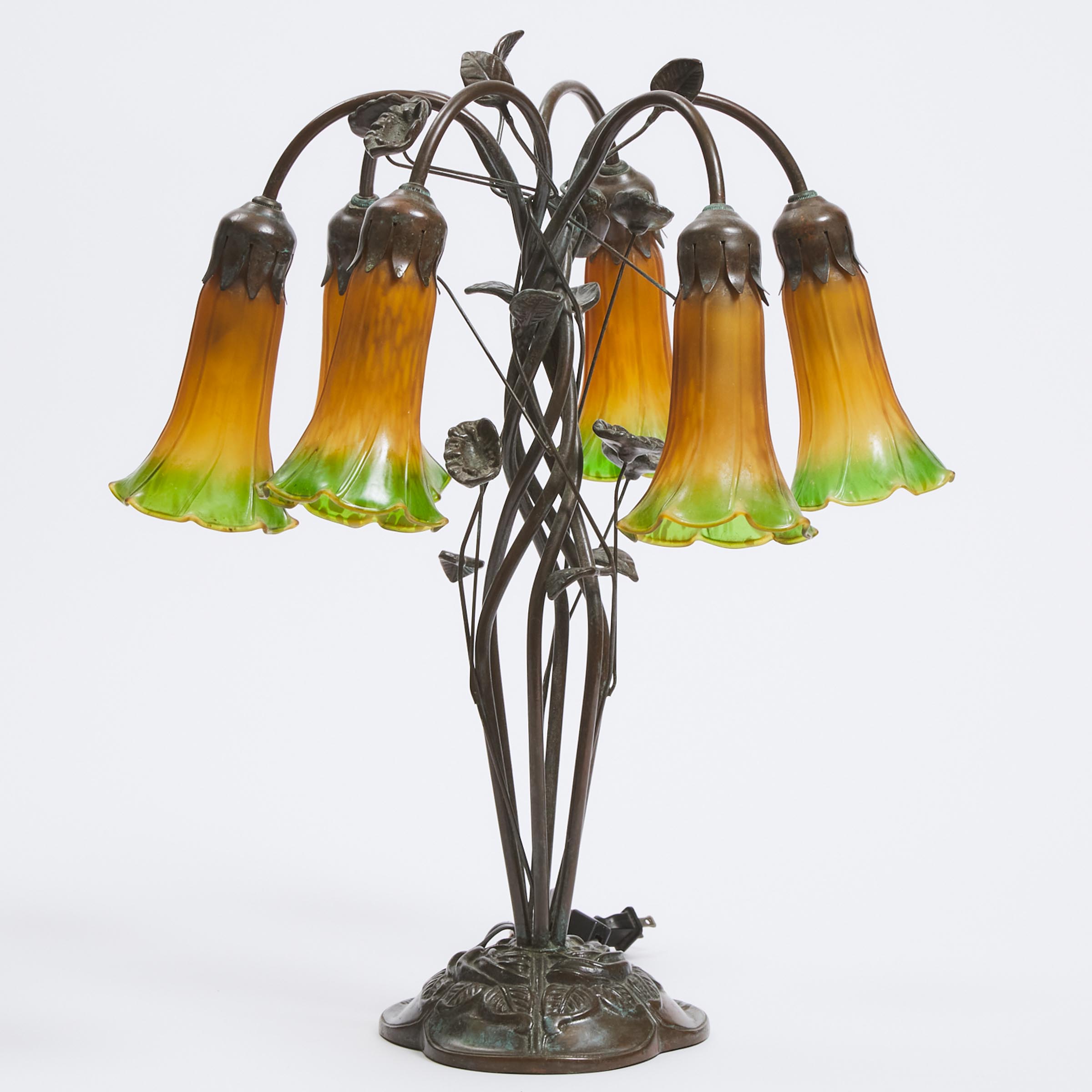Tiffany Style Six Light Lily Form Table Lamp, 20th century
