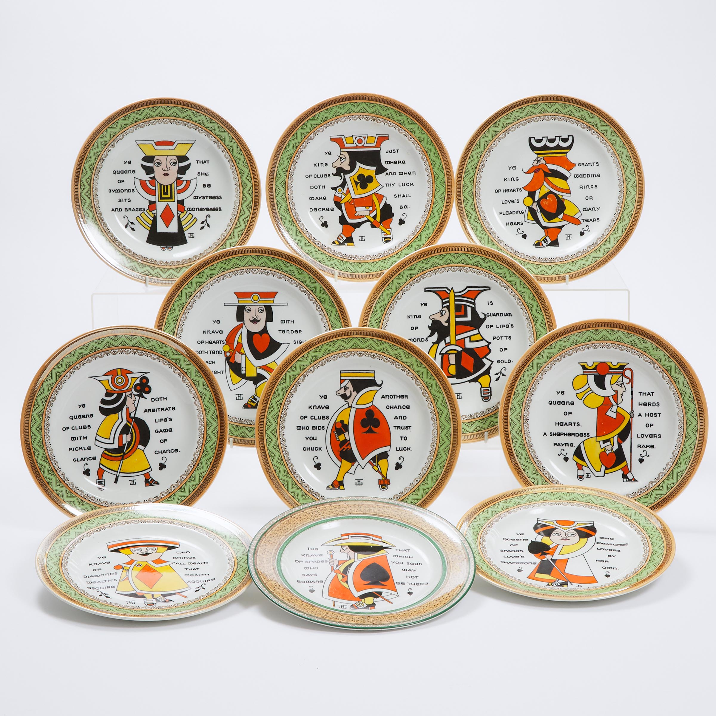 Eleven Wedgwood Playing Card Plates, Augustus Jansson, c.1910