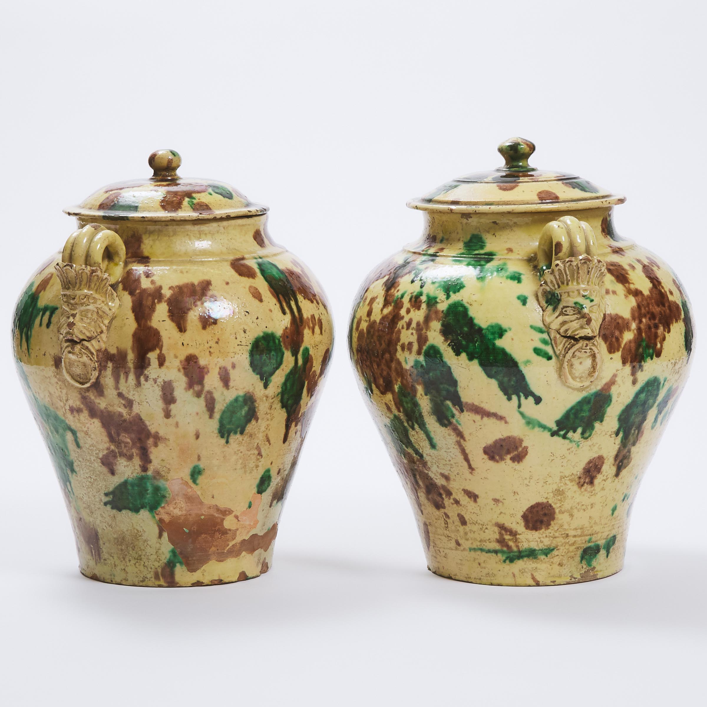Pair of Italian Green and Brown Spatter Glazed Earthenware Two-Handled Covered Vases, 19th century