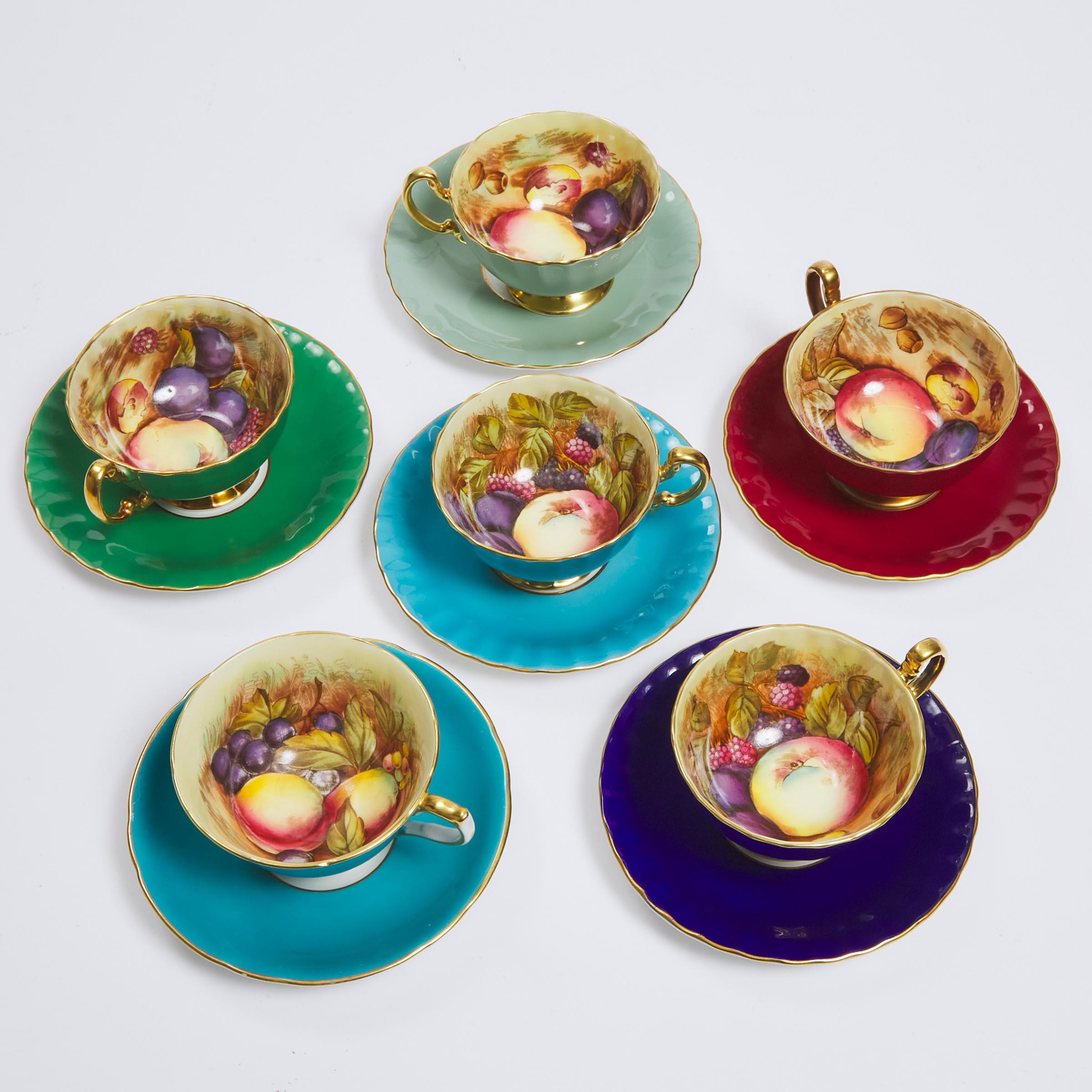 Six Aynsley 'Orchard Gold' Harlequin Coloured Cups and Saucers, D. Jones, 20th century