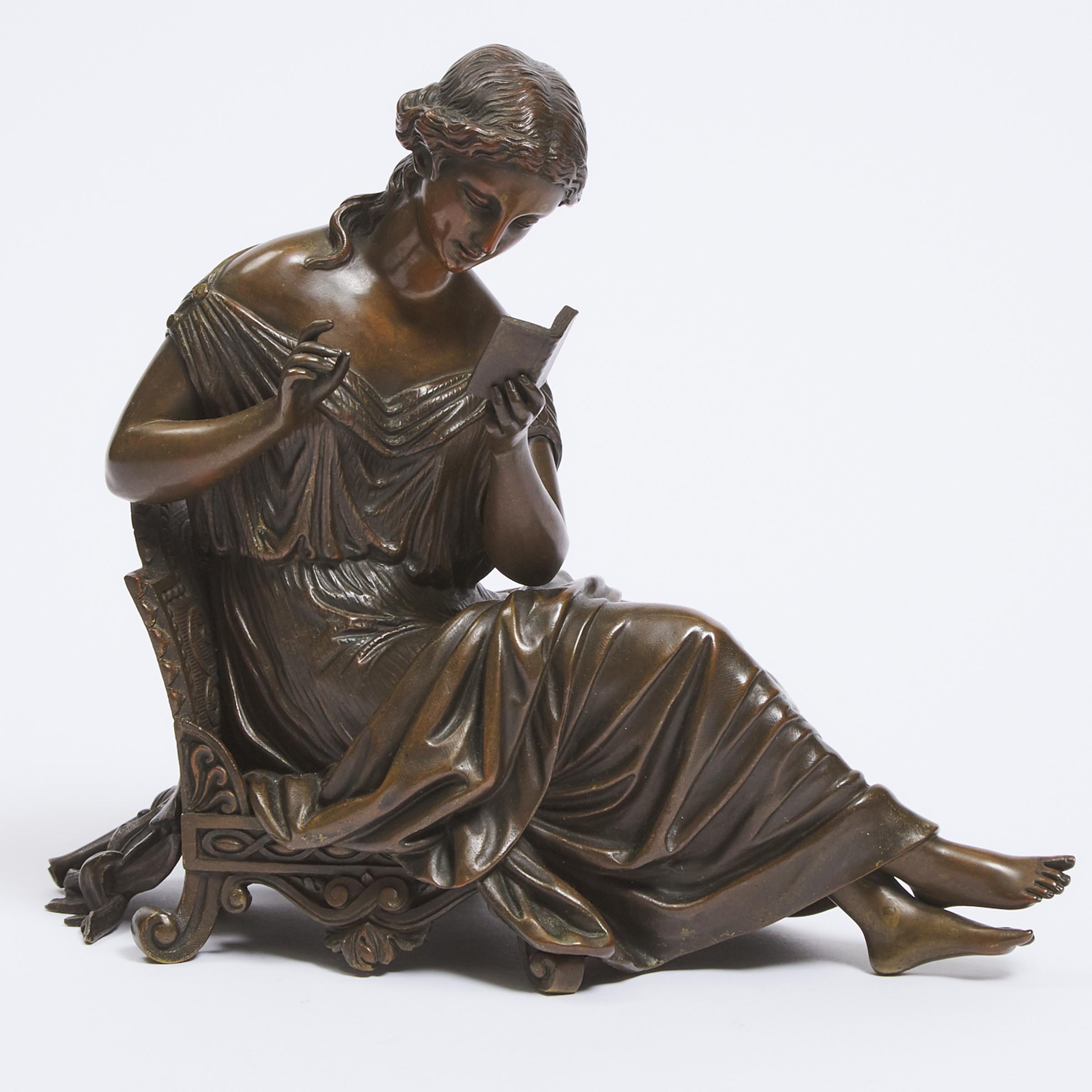 French Patinated Bronze Figure of a Seated Maiden Reading, mid 19th century
