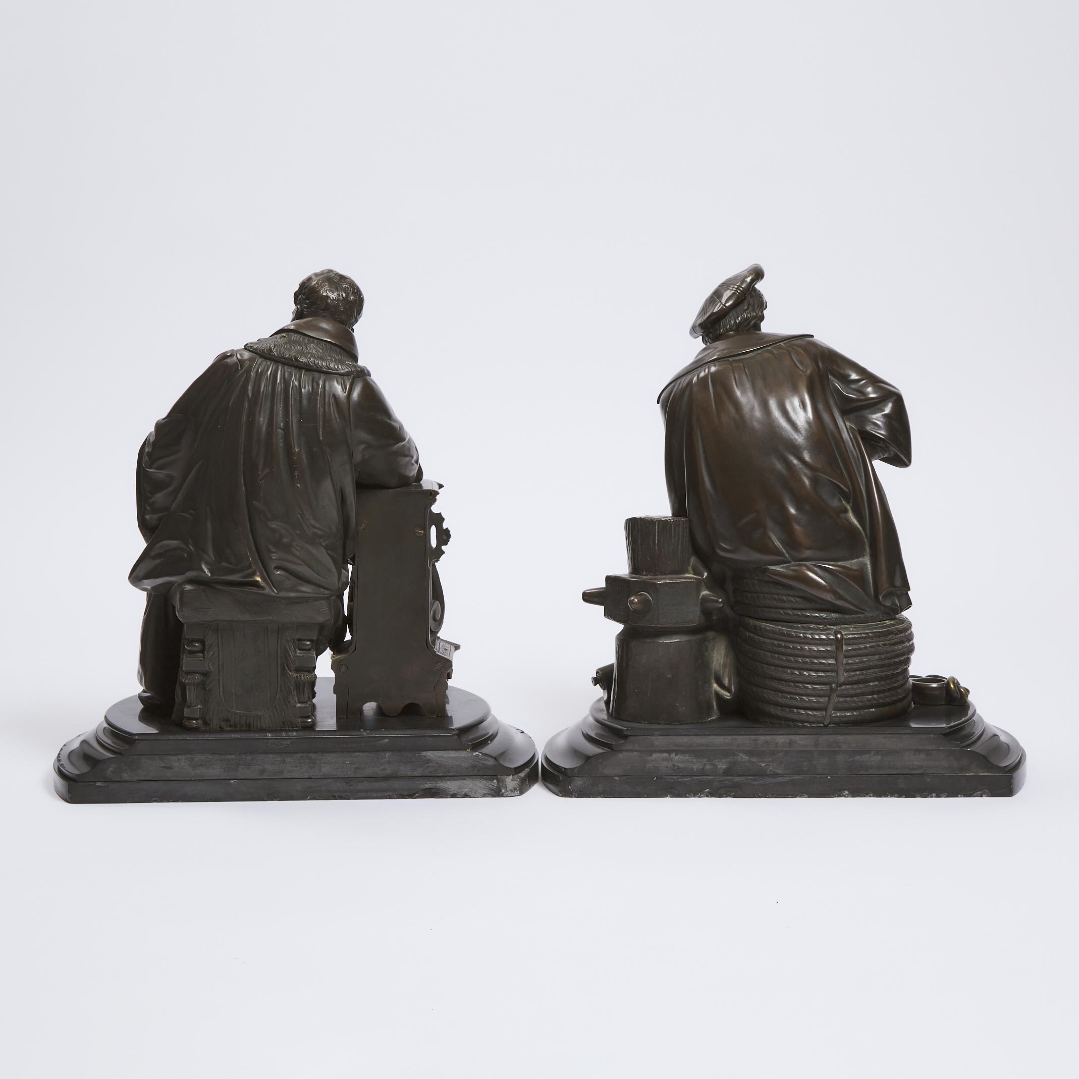 Large Pair of French School Patinated Bronze FIgures of Galileo and John Cabot, 19th century