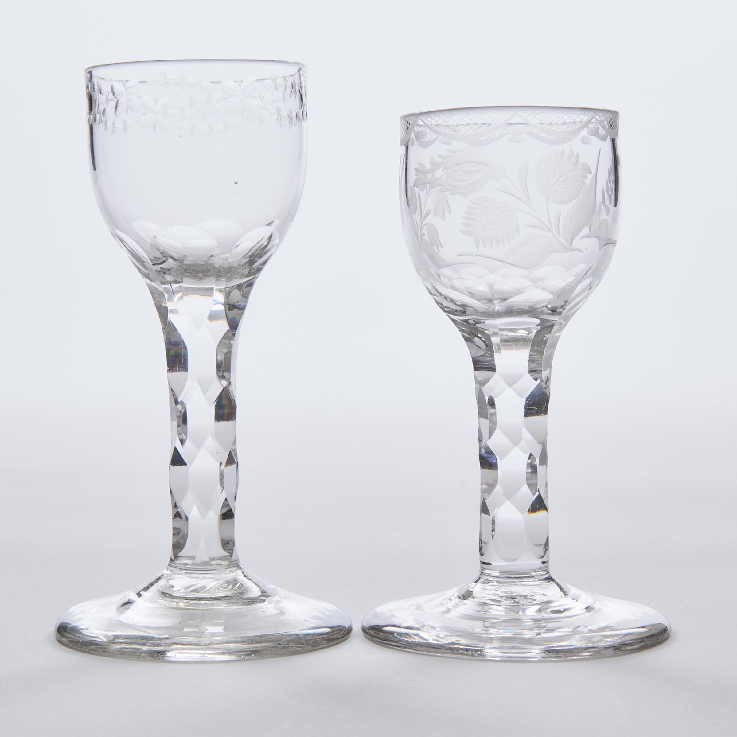 Two English Engraved Faceted Stemmed Wine Glasses, c.1765-80