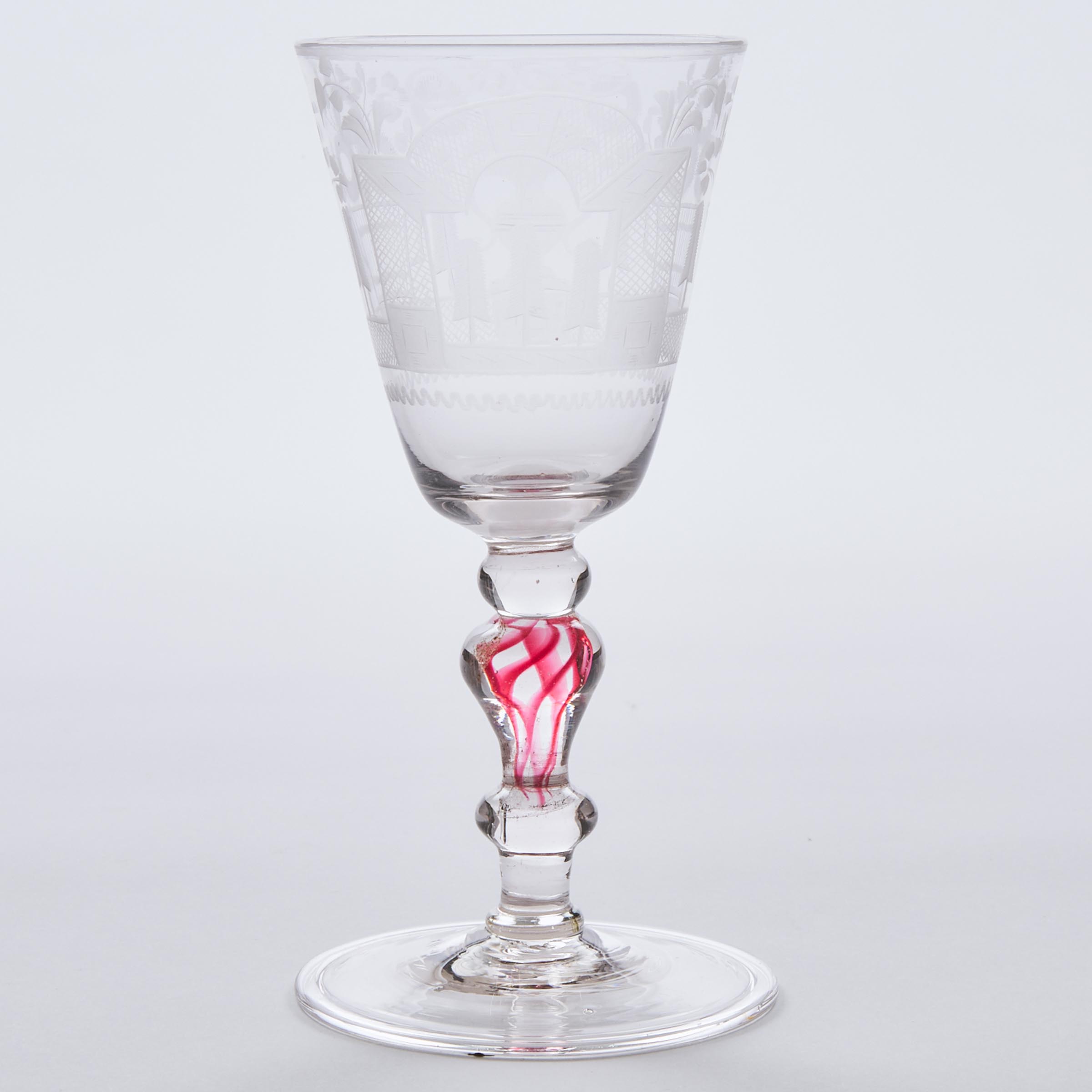Bohemian Red Twist Stemmed Engraved Wine Glass, early 18th century