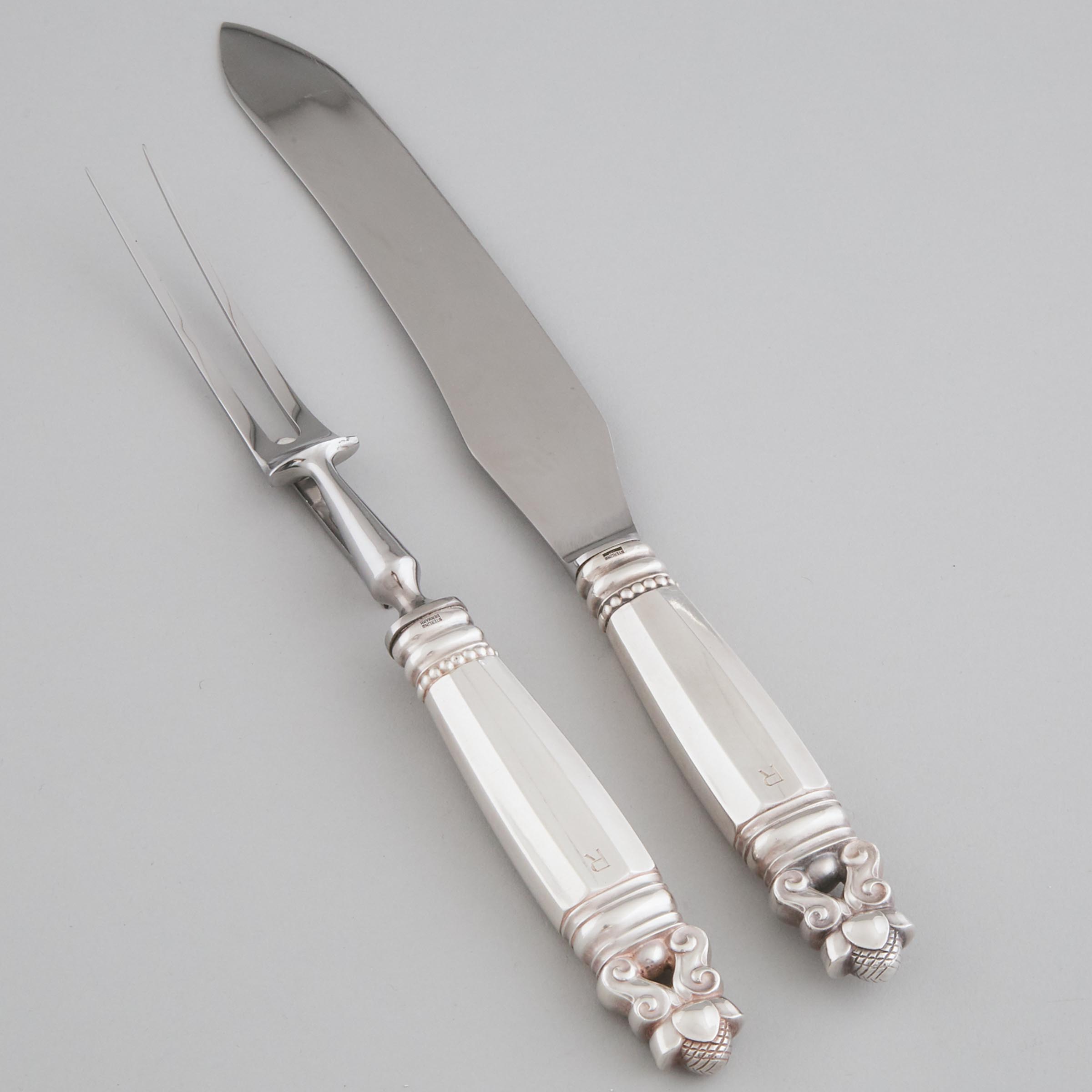 Danish Silver 'Acorn' Pattern Carving Knife and Fork, Georg Jensen, Copenhagen, 20th century