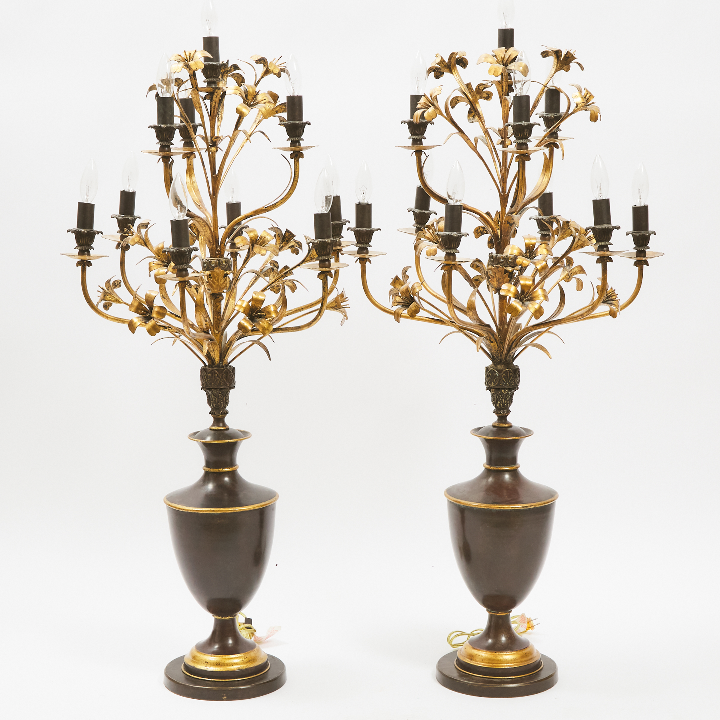 Large Pair of Contemporary French Gilt and Patinated Bronze Banquet Candelabras