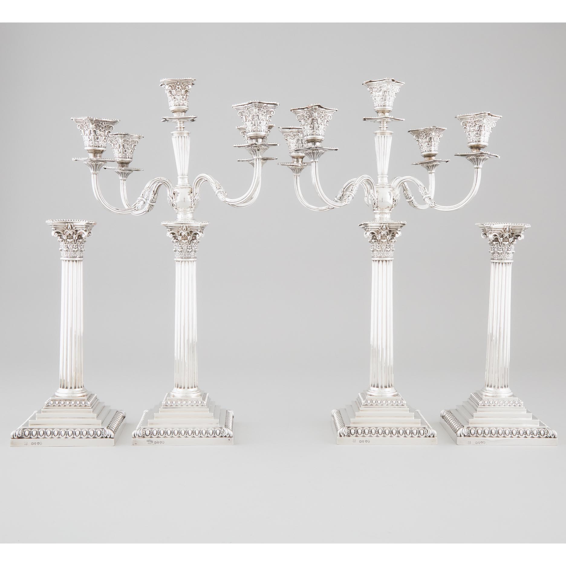 Set of Four Victorian Silver Corinthian Columnar Table Candlesticks with Two Five-Light Candelabra Branch Sections, John Aldwinckle & Thomas Slater, London, 1886