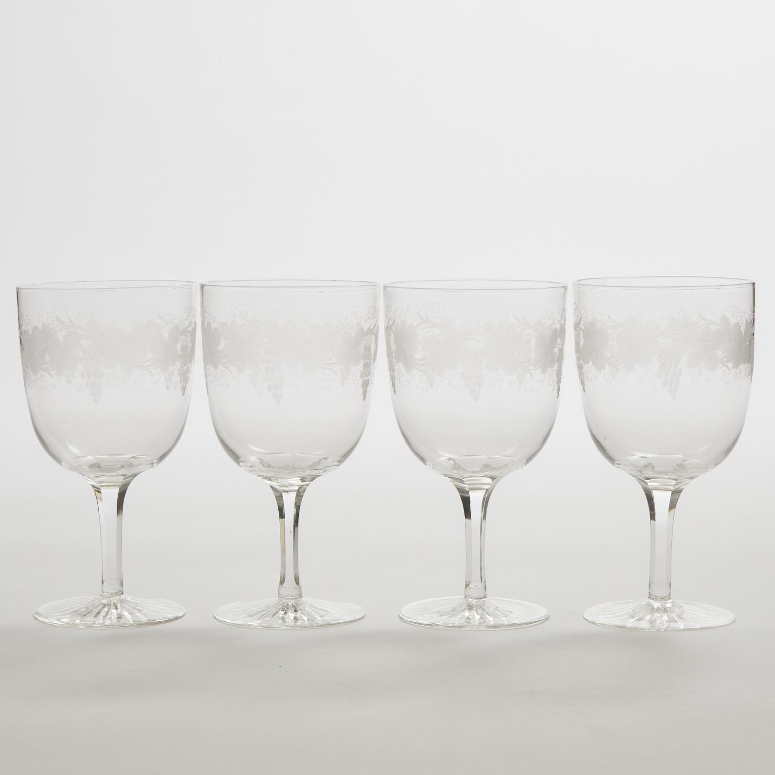 Four Bohemian Etched Glass Wine Goblets, late 19th/early 20th century