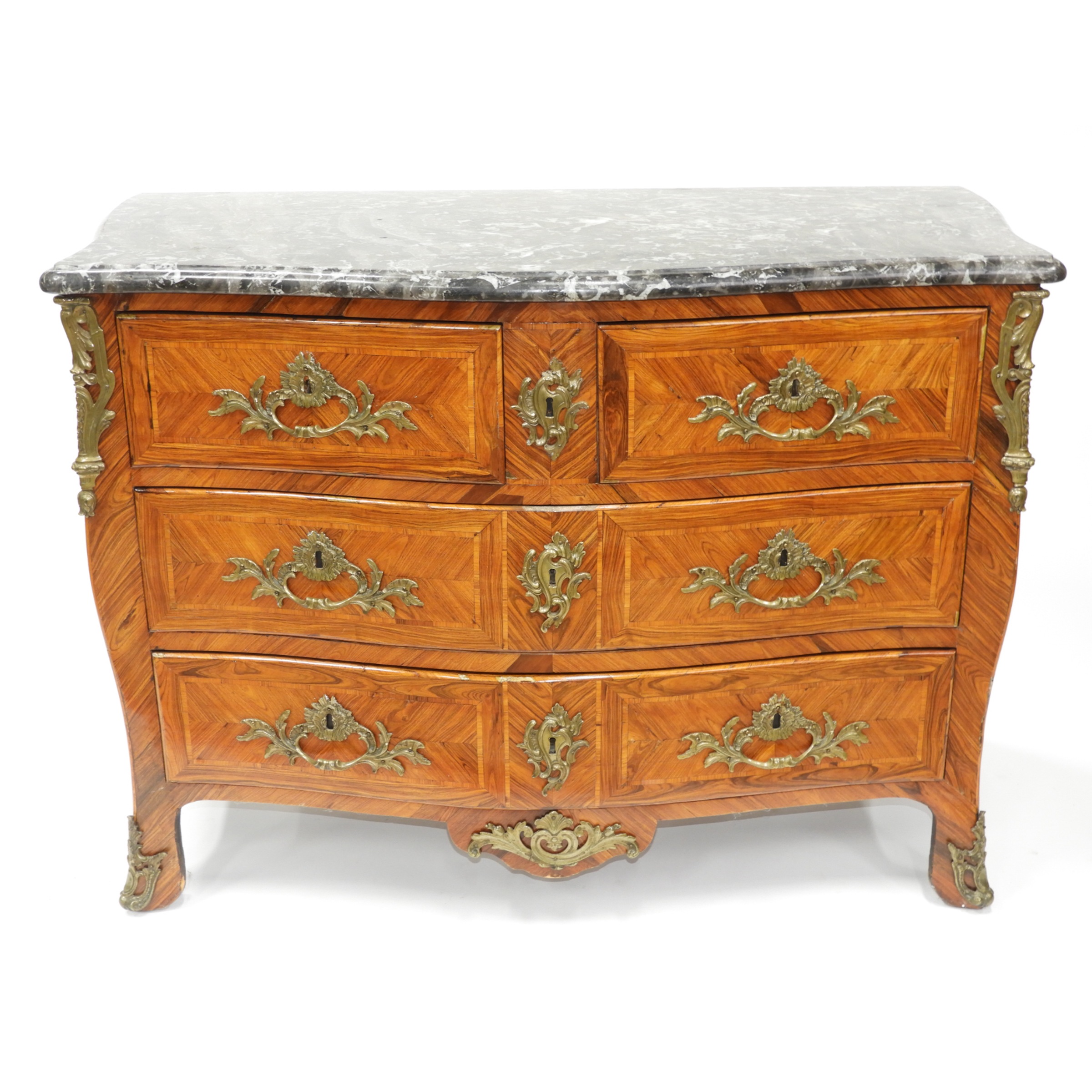 French Ormolu Mounted Rosewood Parquetry Inlaid Serpentine Front Commode, early 19th century