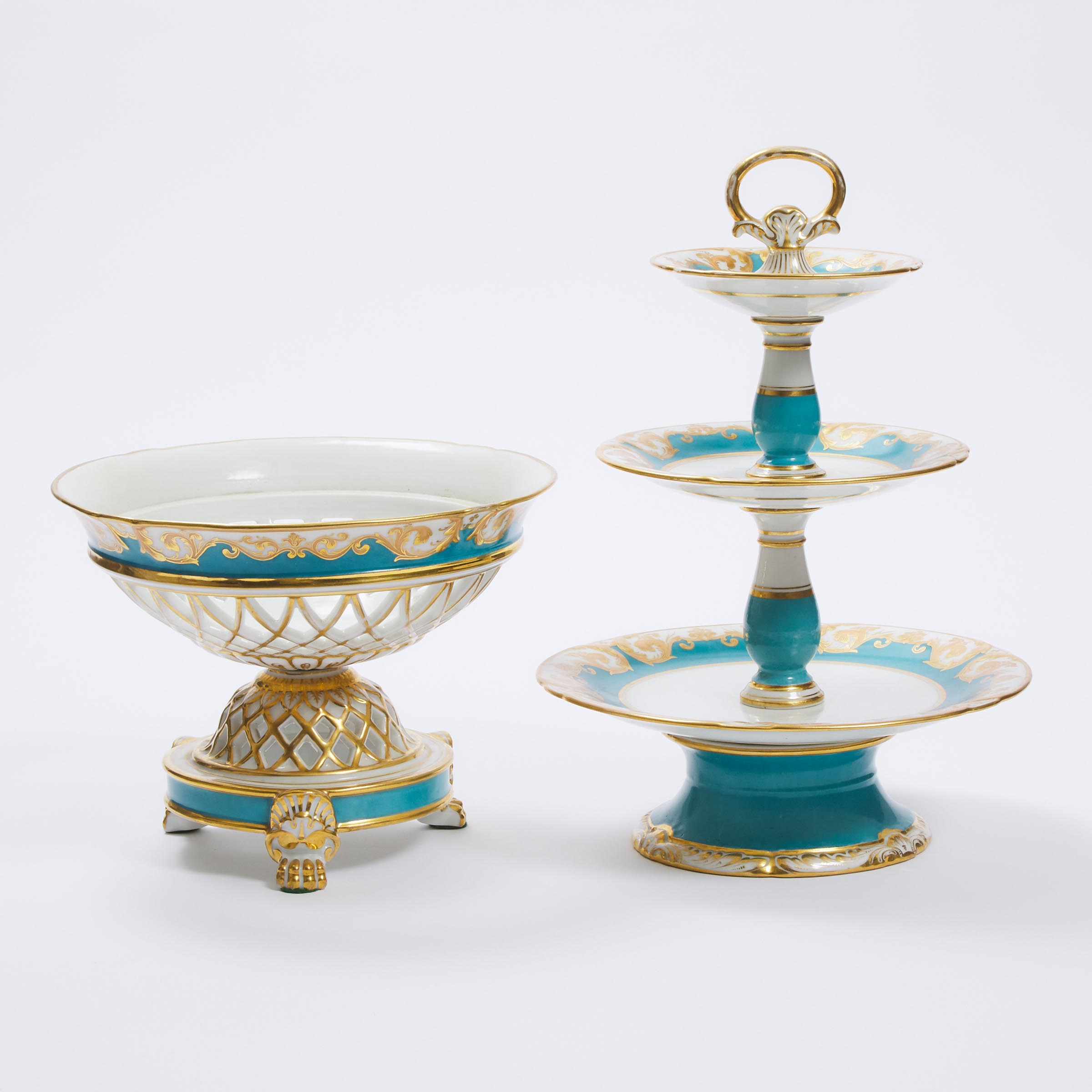 Paris Porcelain Pierced Comport and Three-Tier Cake Stand, 19th century