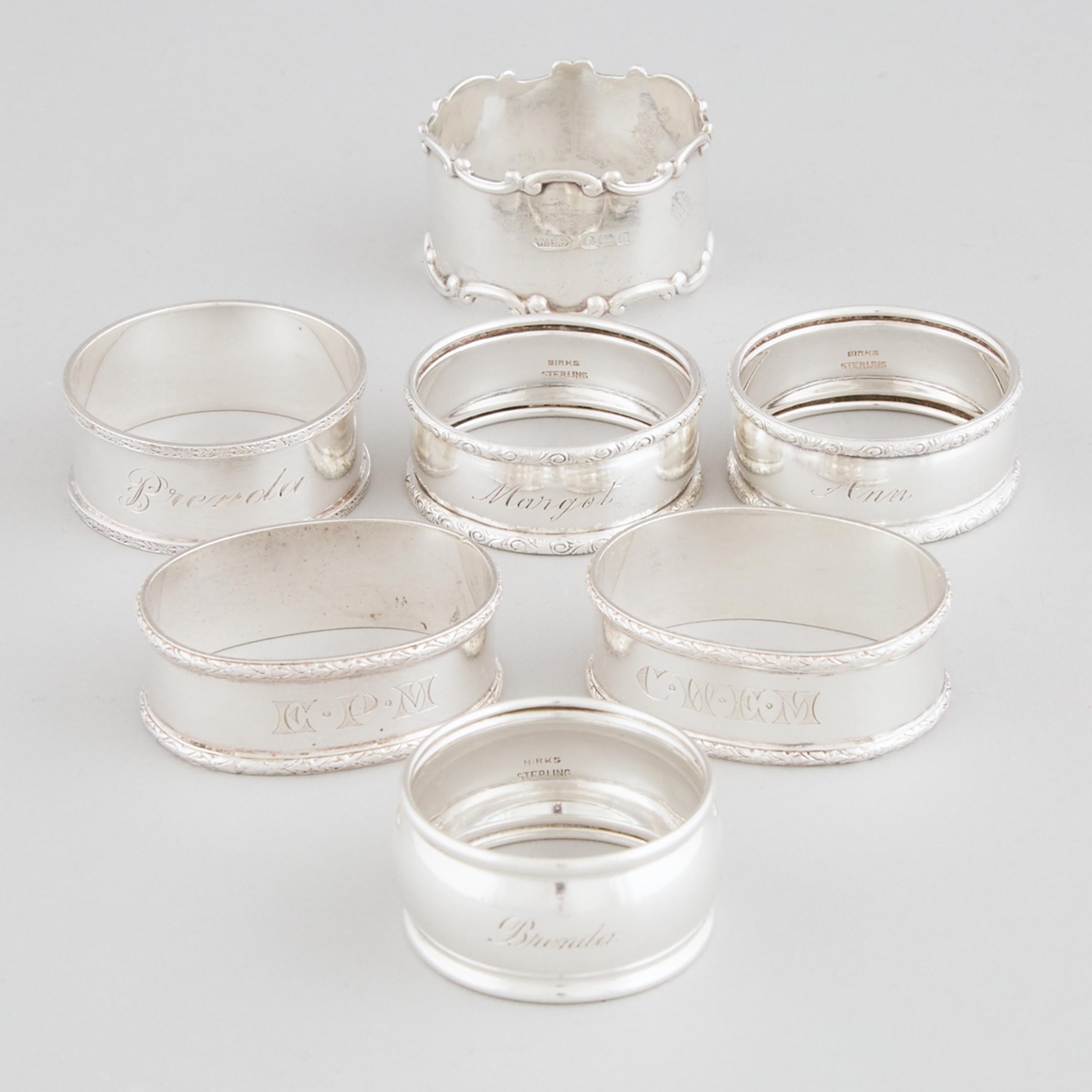 Seven Canadian and English Silver Napkin Rings, 20th century