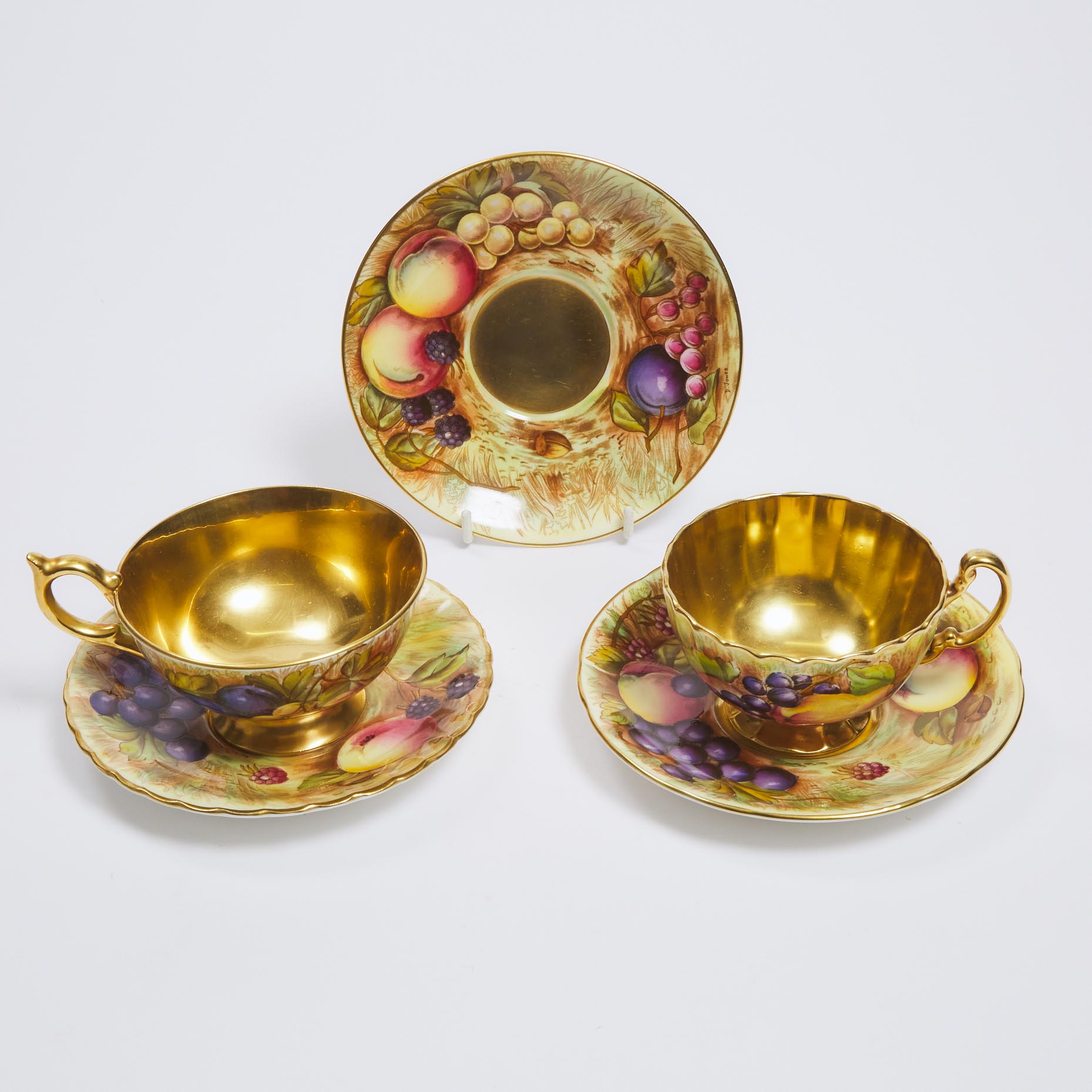 Two Aynsley 'Orchard Gold' Cups and Three Saucers, D. Jones and N. Brunt, 20th century