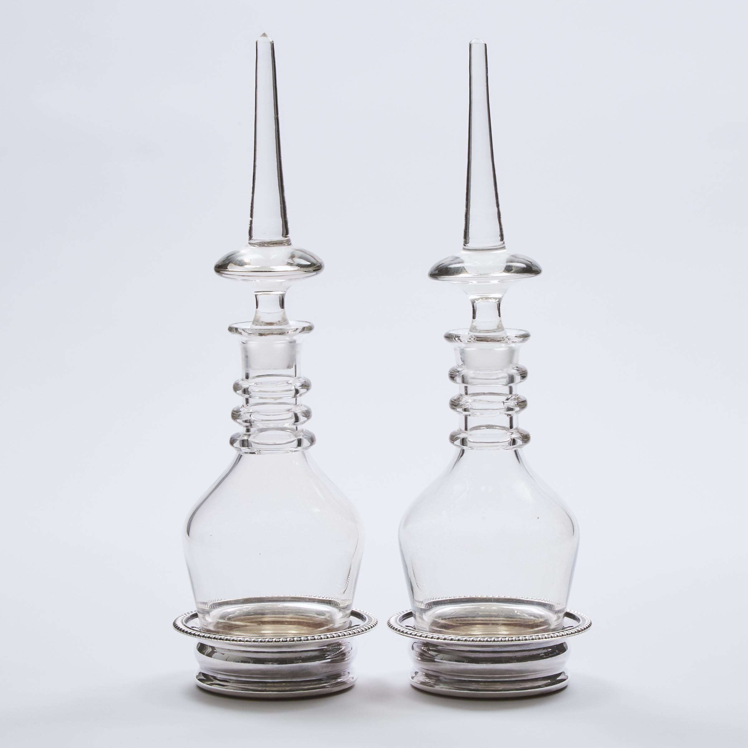 Pair of Victorian Glass Three-Ring Decanters, late 19th century