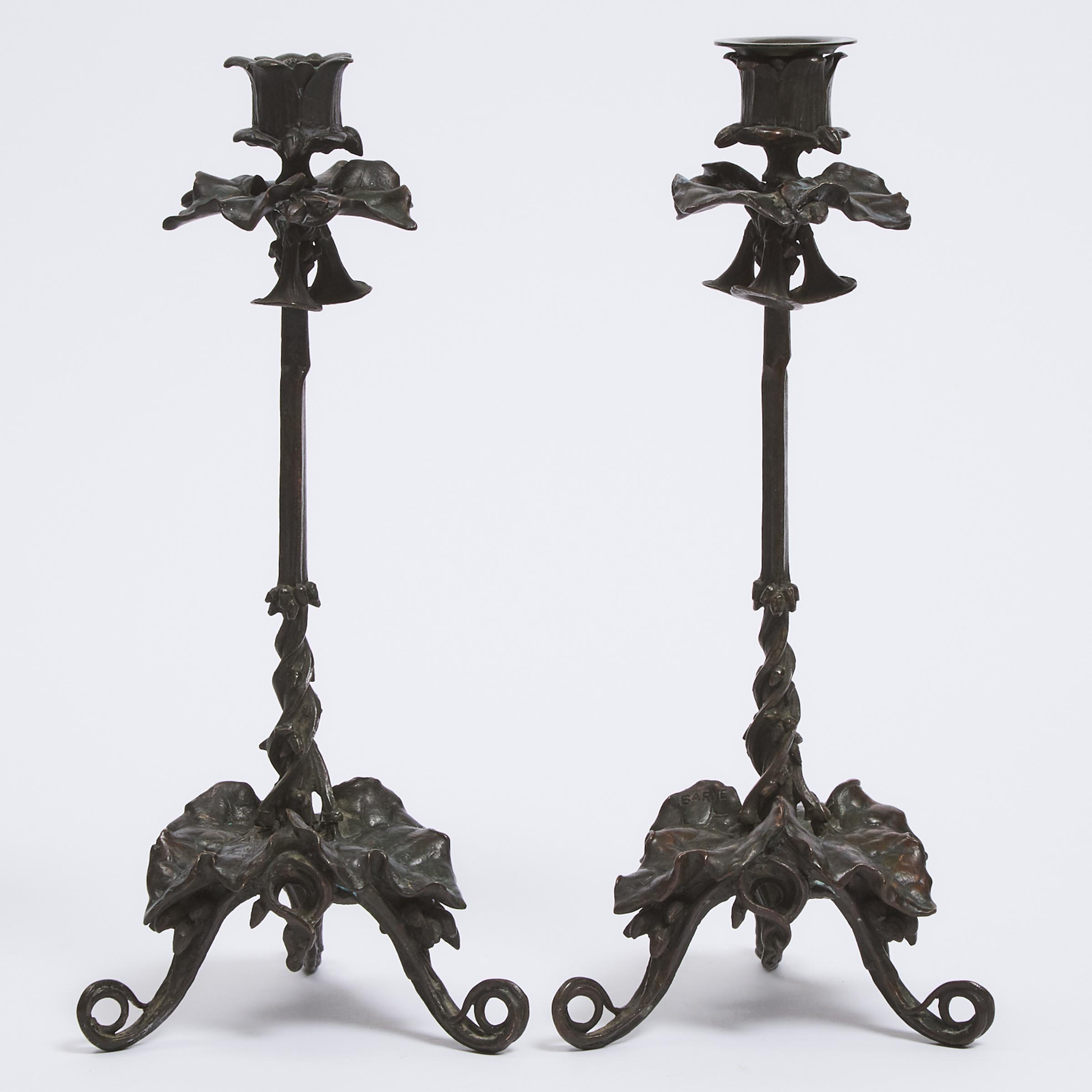 Pair of Naturalistic Movement Patinated Bronze Candlesticks, After Antoine-Louis Barye (French 1796-1875)