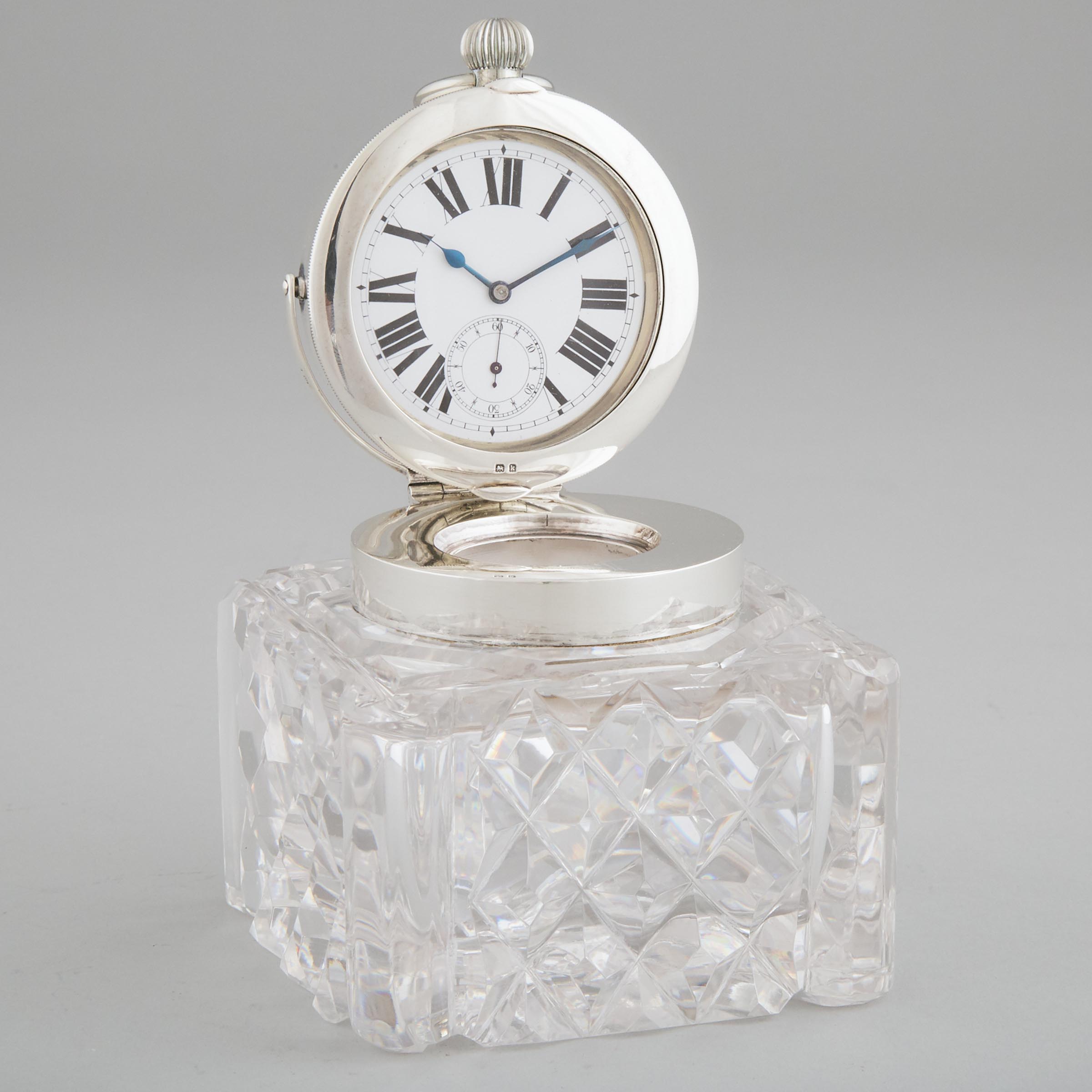 Edwardian Silver Mounted Cut Glass Watch Stand Inkwell, Mappin & Webb, Birmingham, 1909