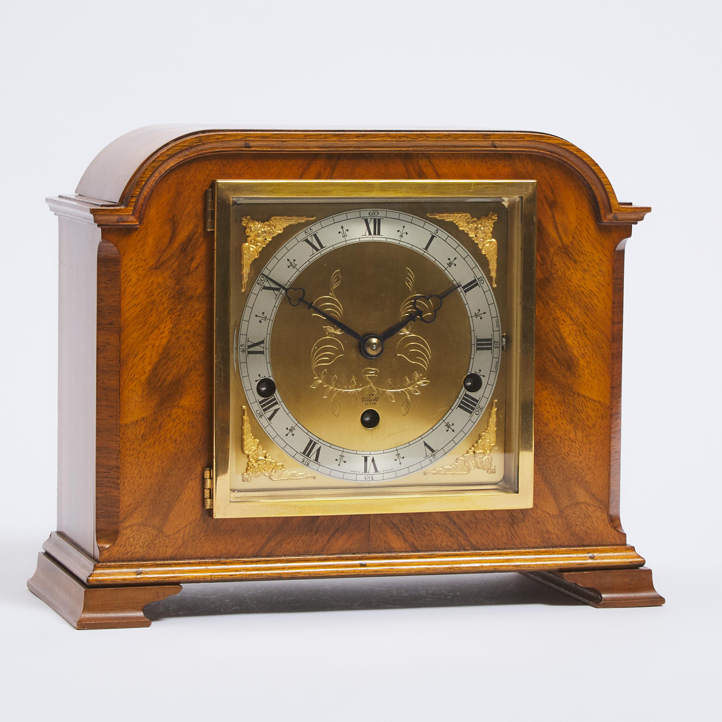 English Walnut Quarter Chiming Mantle Clock by Elliot of London, mid 20th century