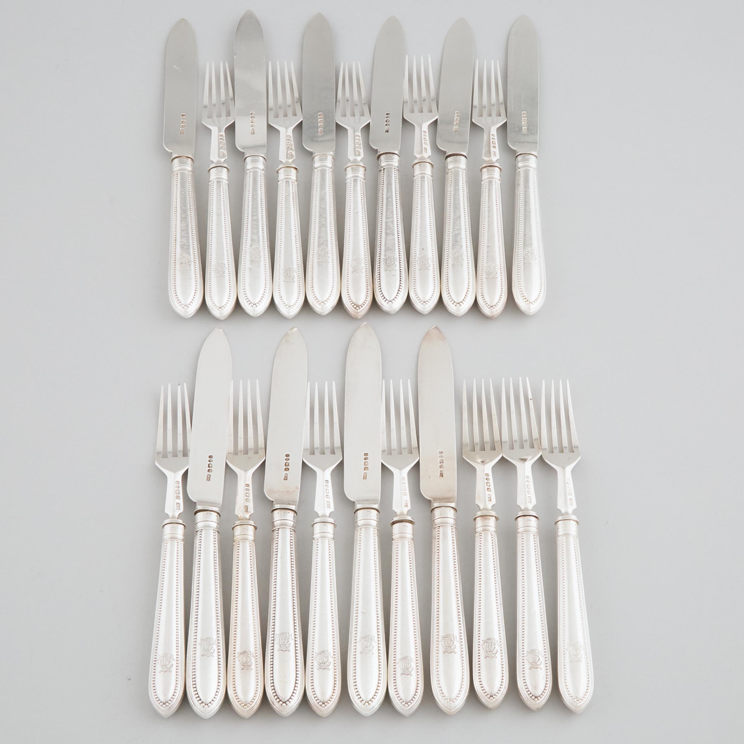 Ten Victorian Silver Bead Pattern Dessert Knives and Twelve Forks, Harrison Bros. & Howson, Sheffield, 1873