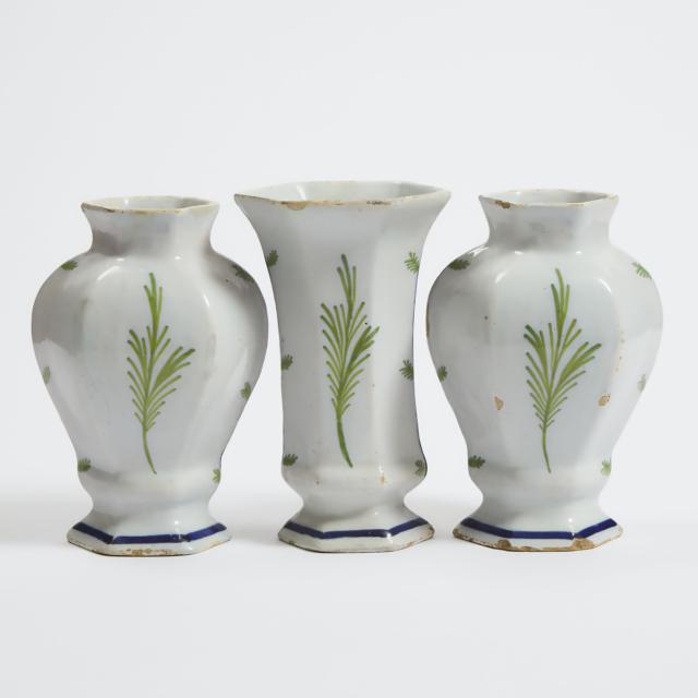 Three Piece Dutch Delft Polychrome Vase Garniture, late 19th century