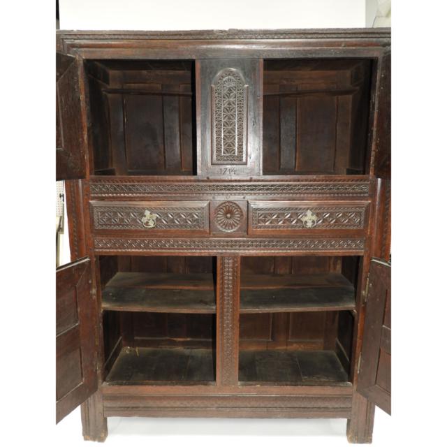 English Carved Oak High Dresser Cupboard, 1714