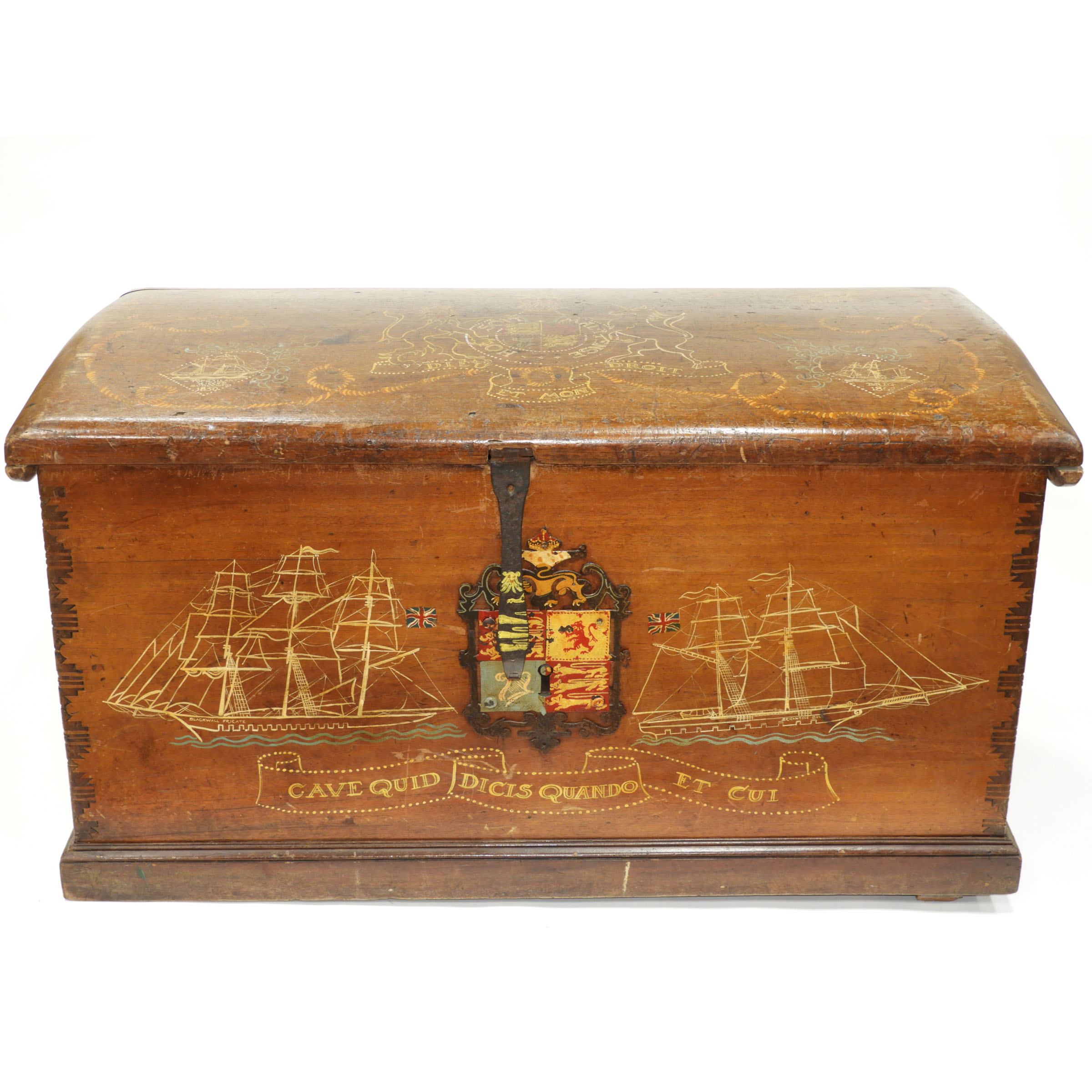 English Paint Decorated Oak Large Naval Trunk, 19th century