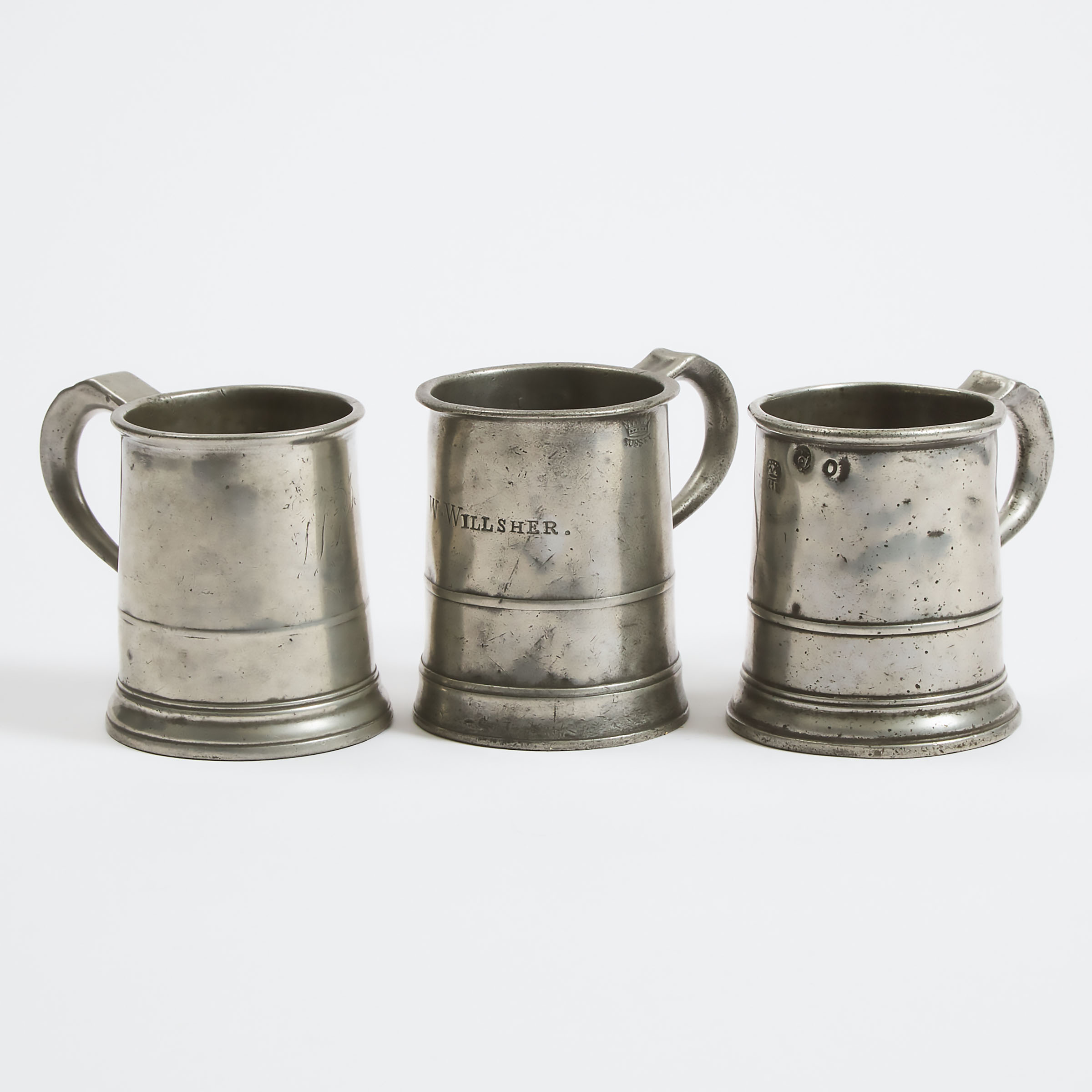 Three English Pewter Pint Mugs, London,  19th century