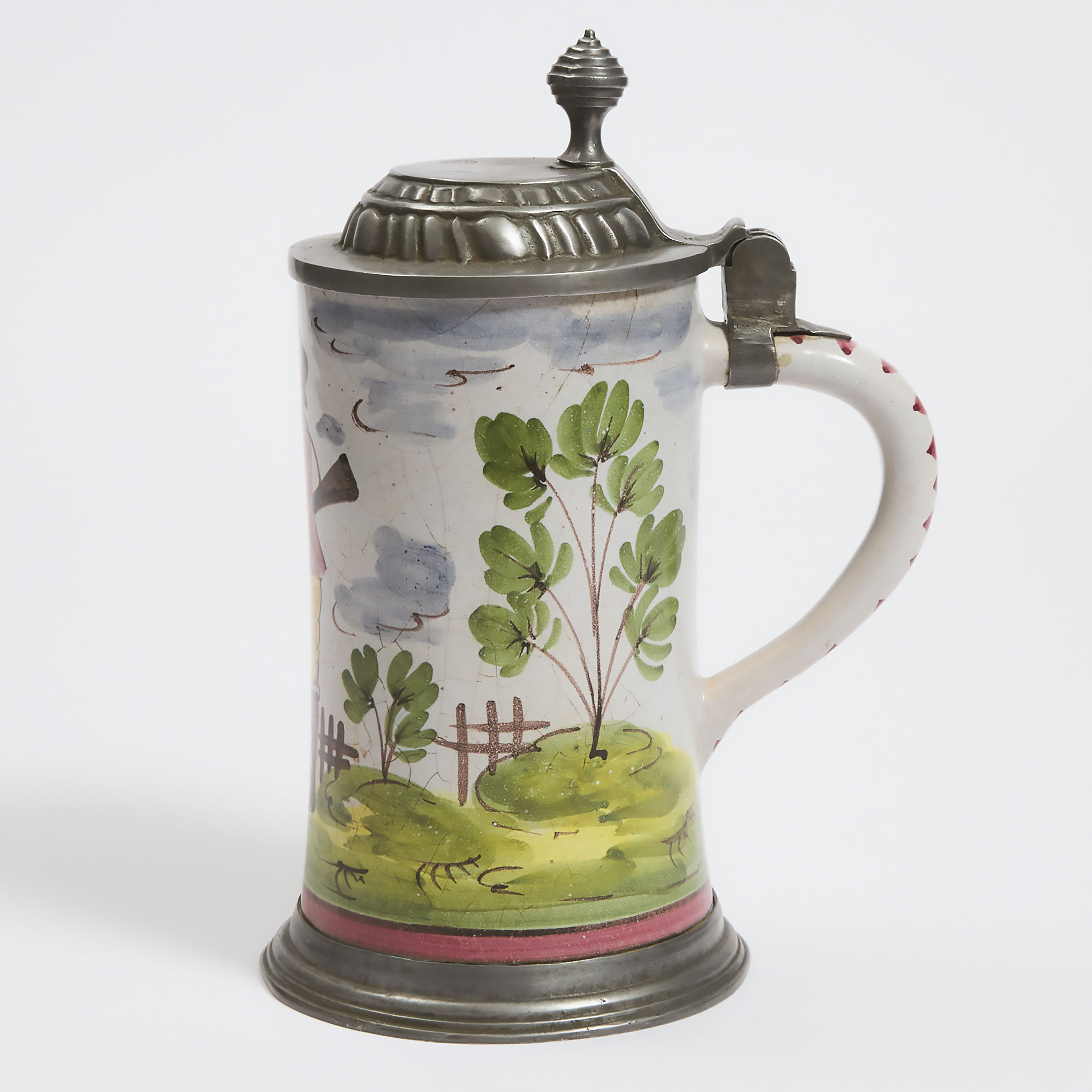 German Pewter Mounted Delft Pottery Stein, 19th century