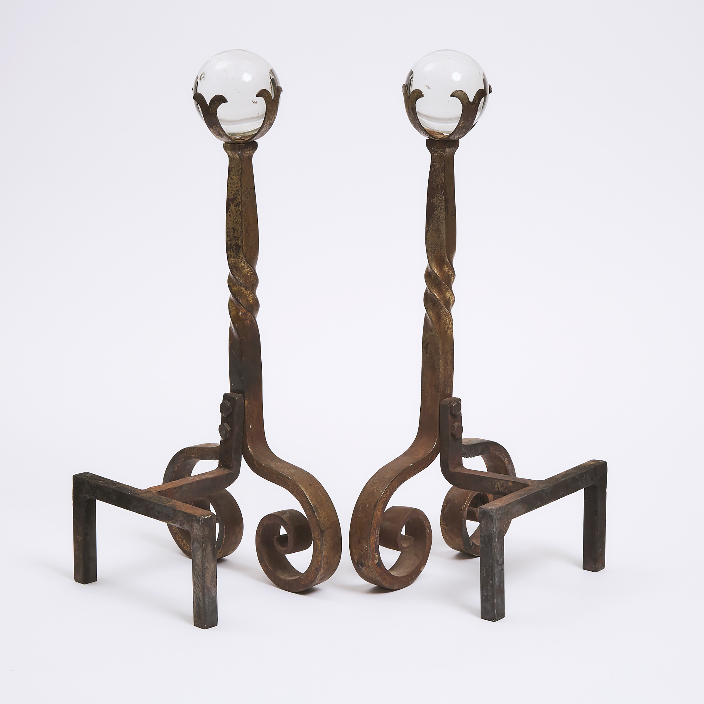 Pair of Glass Orb Mounted Wrought Iron Andirons, 19th century
