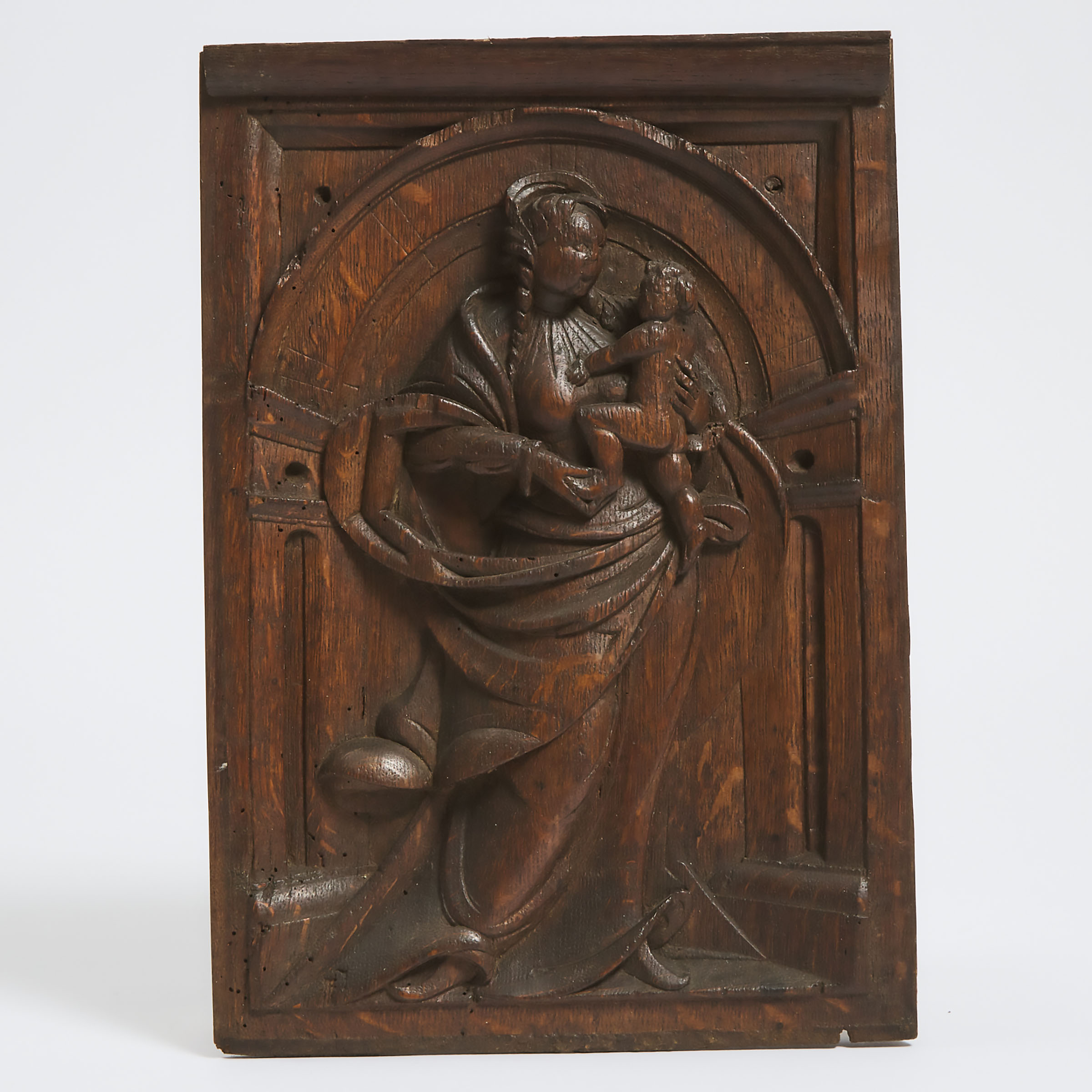 French Renaissance Relief Carved Oak Cupboard Panel of the Madonna and Child, 17th century