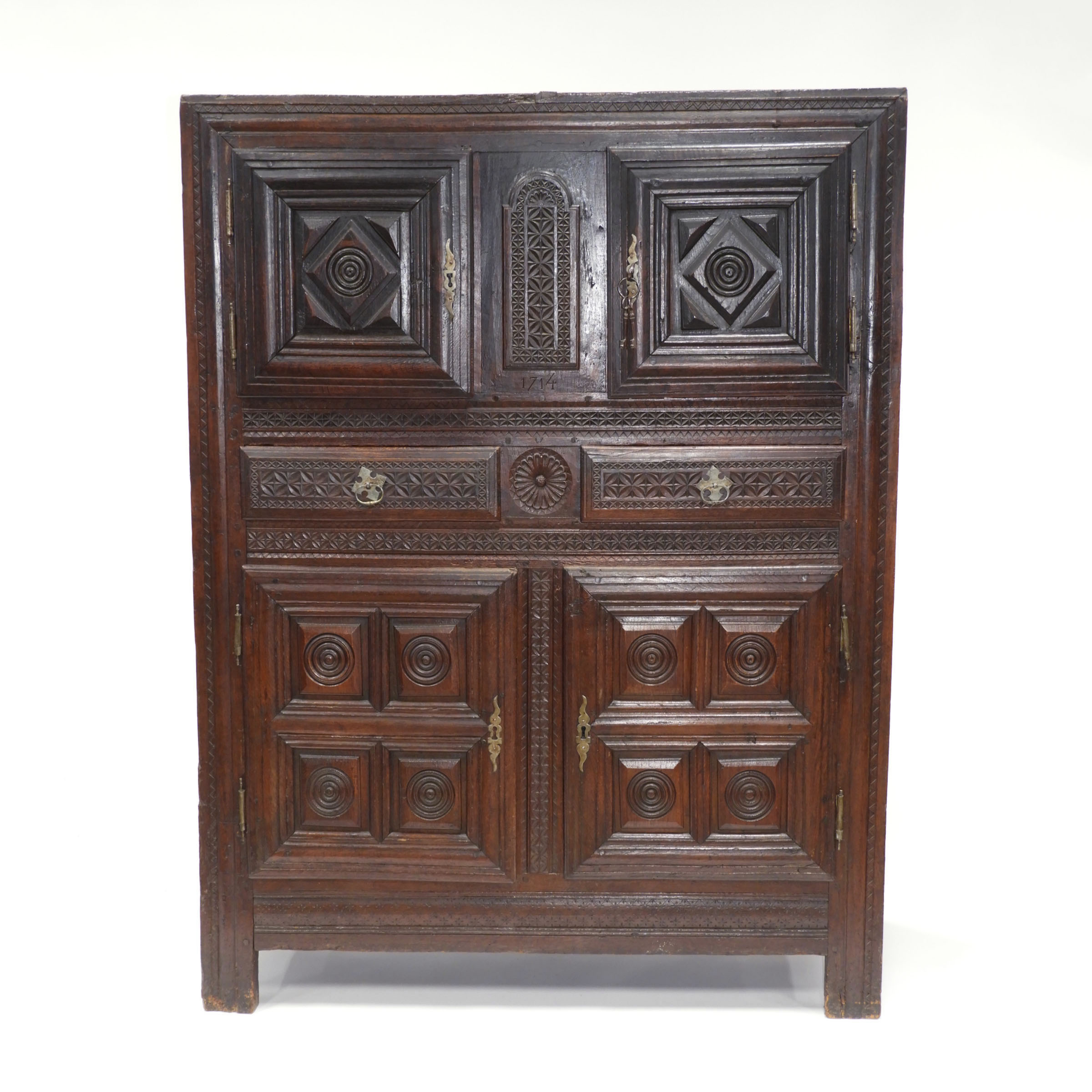 English Carved Oak High Dresser Cupboard, 1714