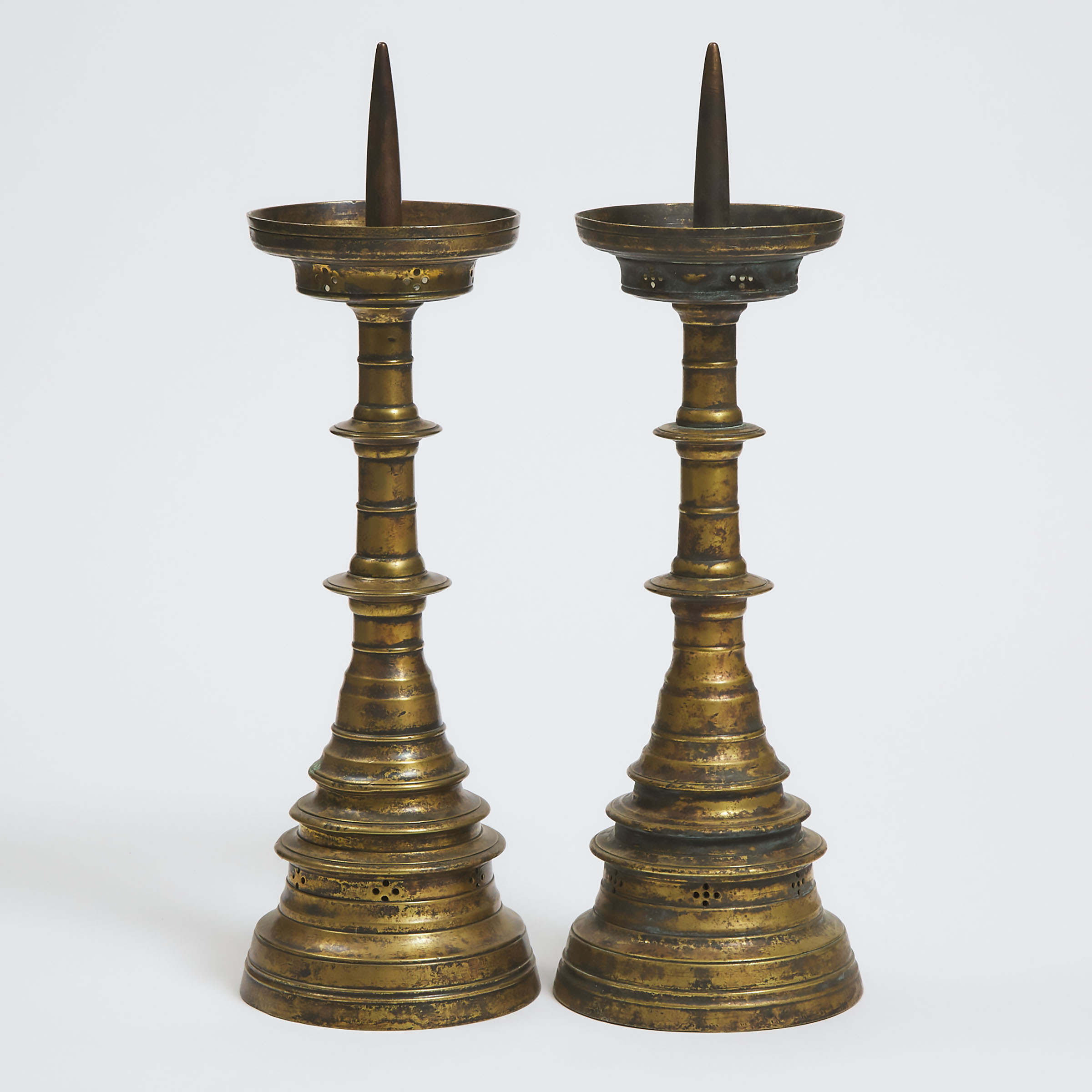 Large Pair of Netherlandish Brass Pricket Candlesticks, 1570-1600