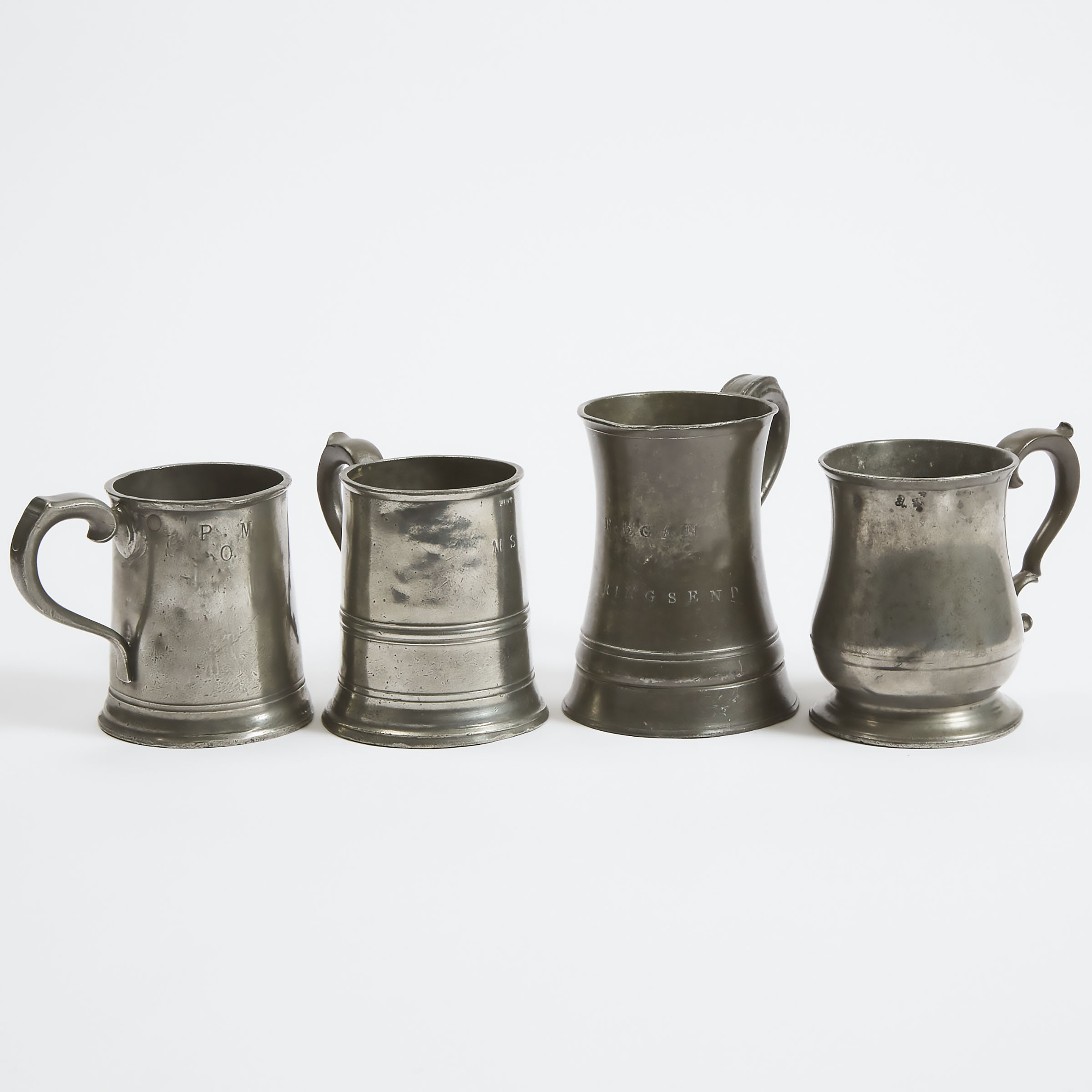 Four Irish Pewter Mugs, Two Makers, 19th century
