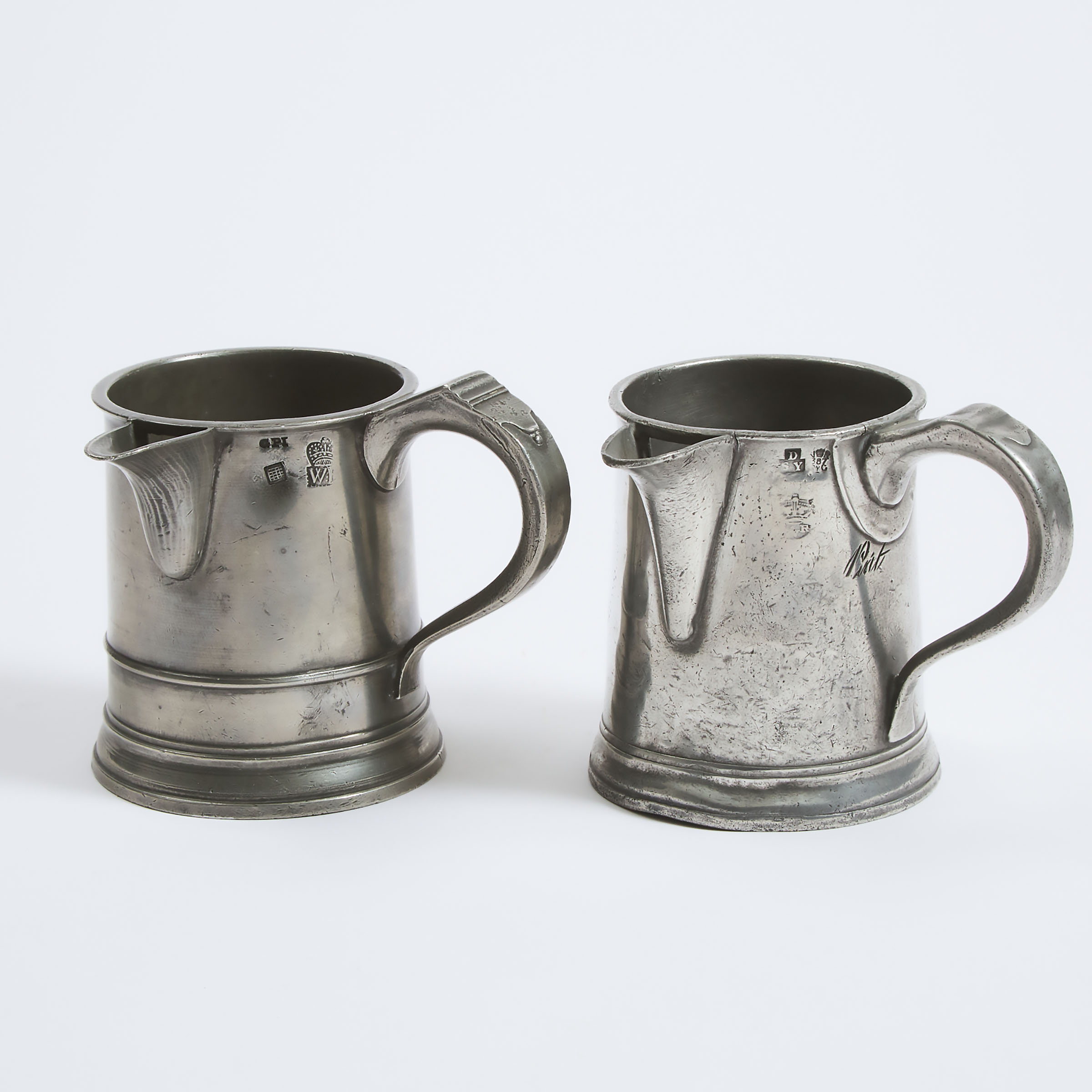 Two English Pewter Straight Sided Spouted Imperial Pint Measures, early 19th century