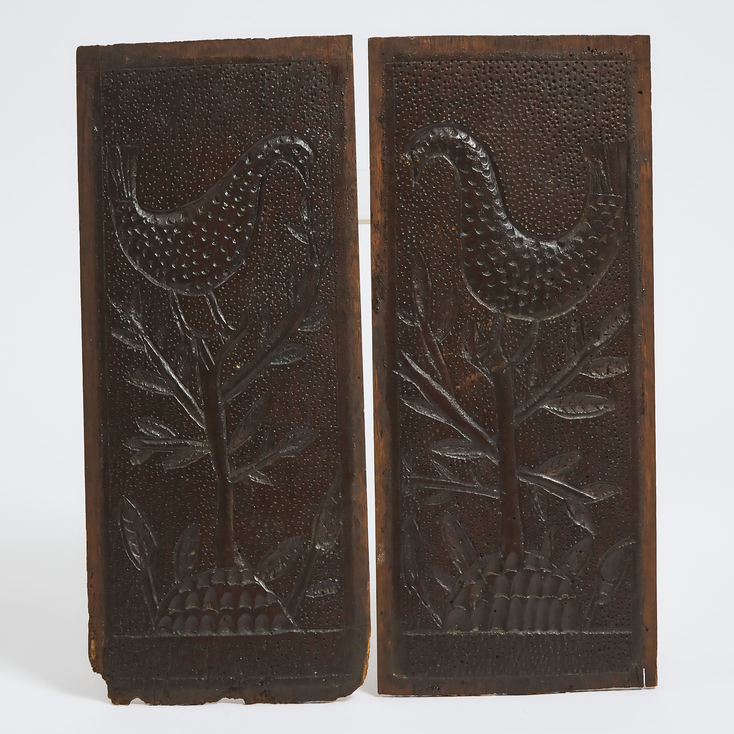 Pair of English Relief Carved Oak Cupboard Panels, 17th century