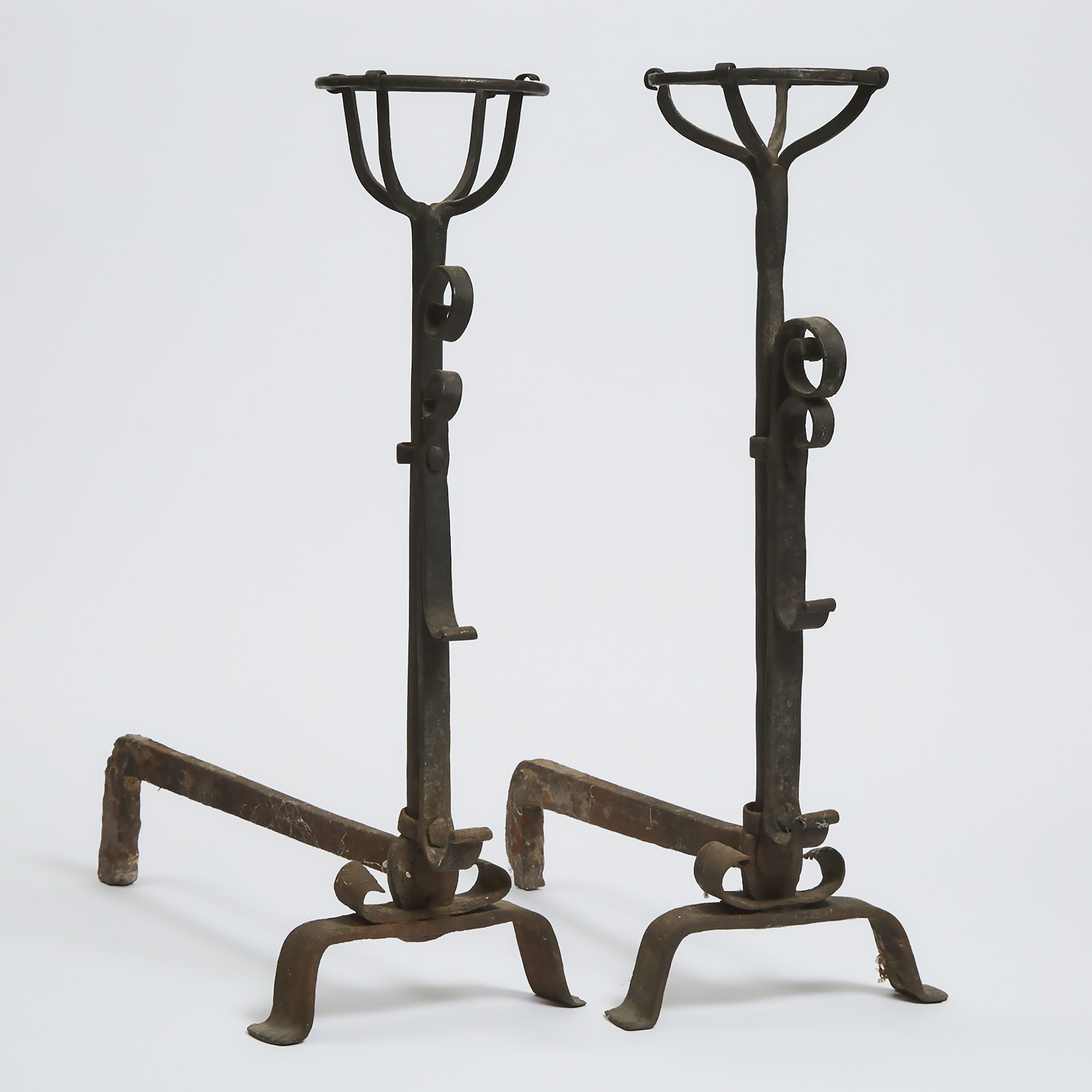 Matched Pair of Wrought Iron Basket Top 'Spitdog' Andirons