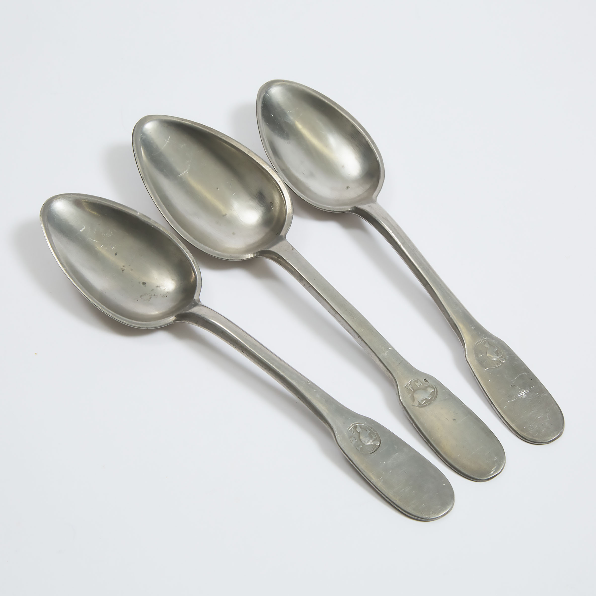 Three Canadian Pewter Table Spoons, Thomas Menut, Montreal, early 19th century