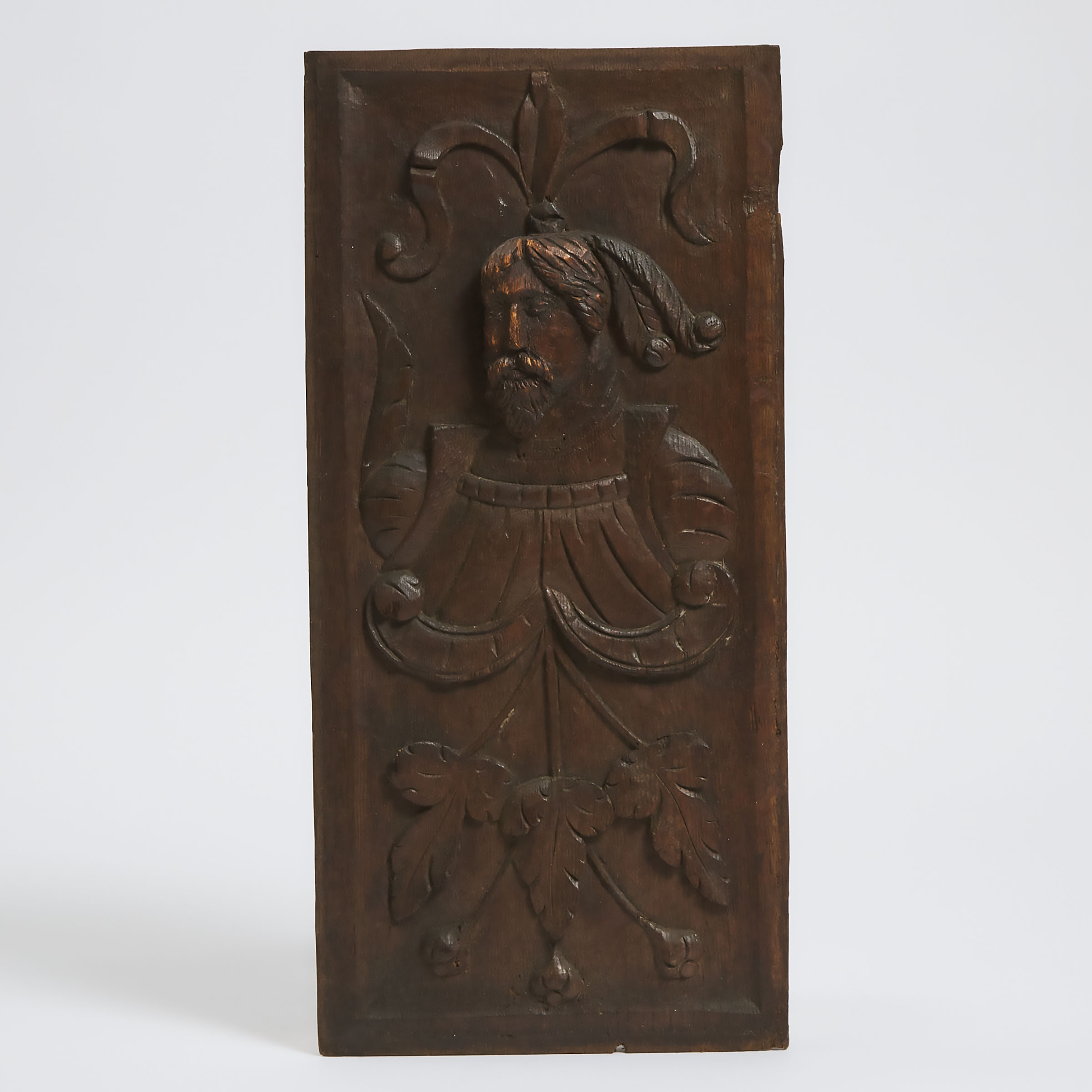 English Relief Carved Oak Panel with Bust of a Gentleman, 16th century